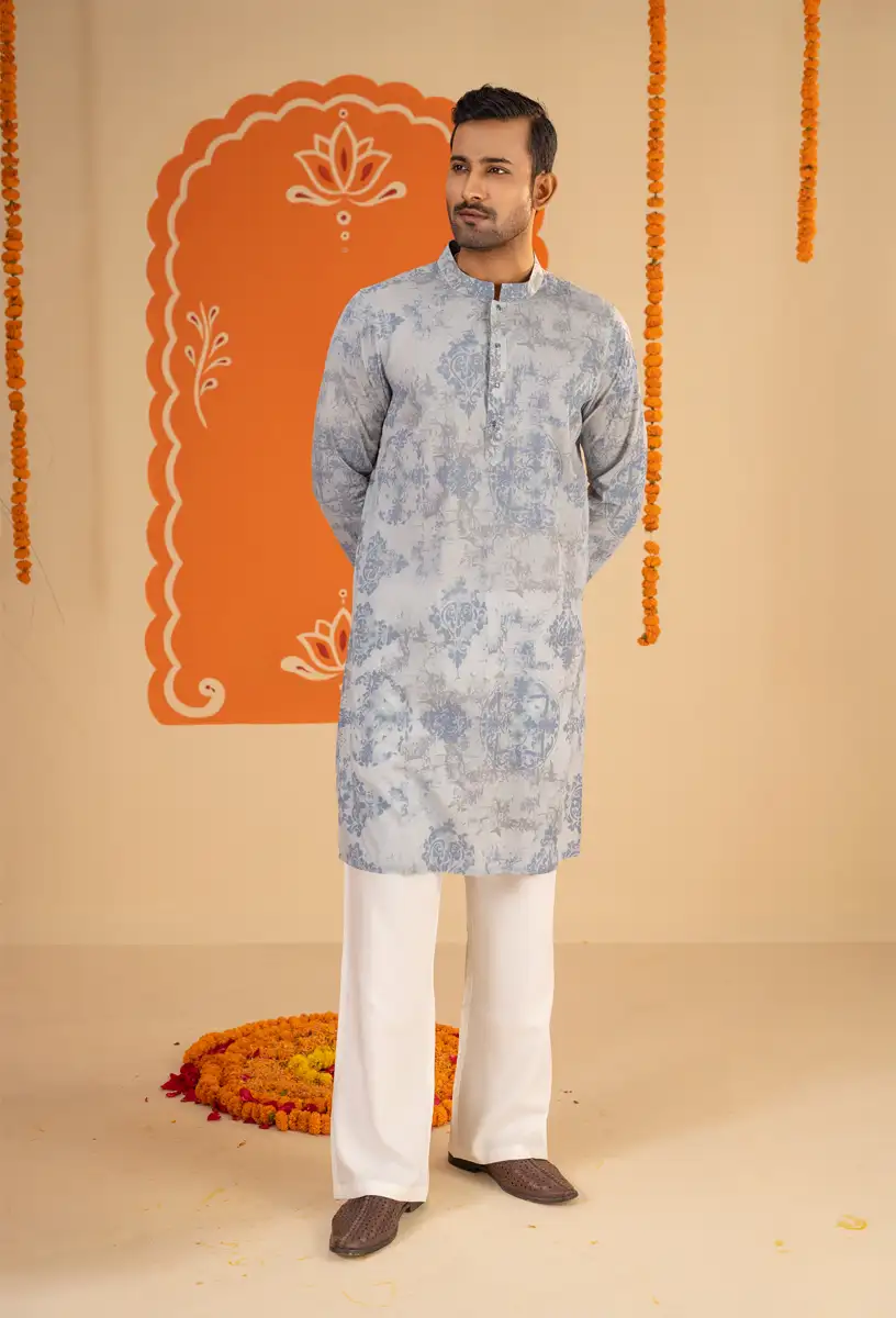 Men’s Blue & White Wax Batik Printed Traditional Panjabi