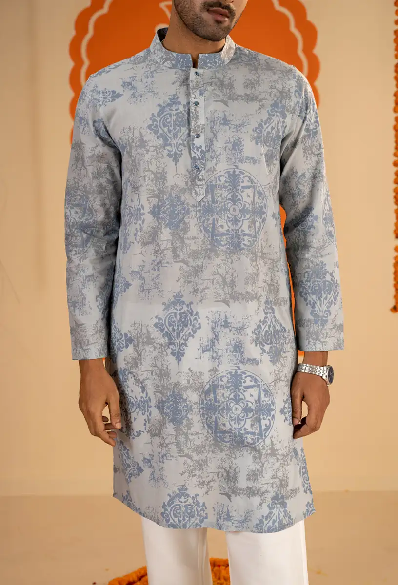 Men’s Blue & White Wax Batik Printed Traditional Panjabi Light Blue gallery image
