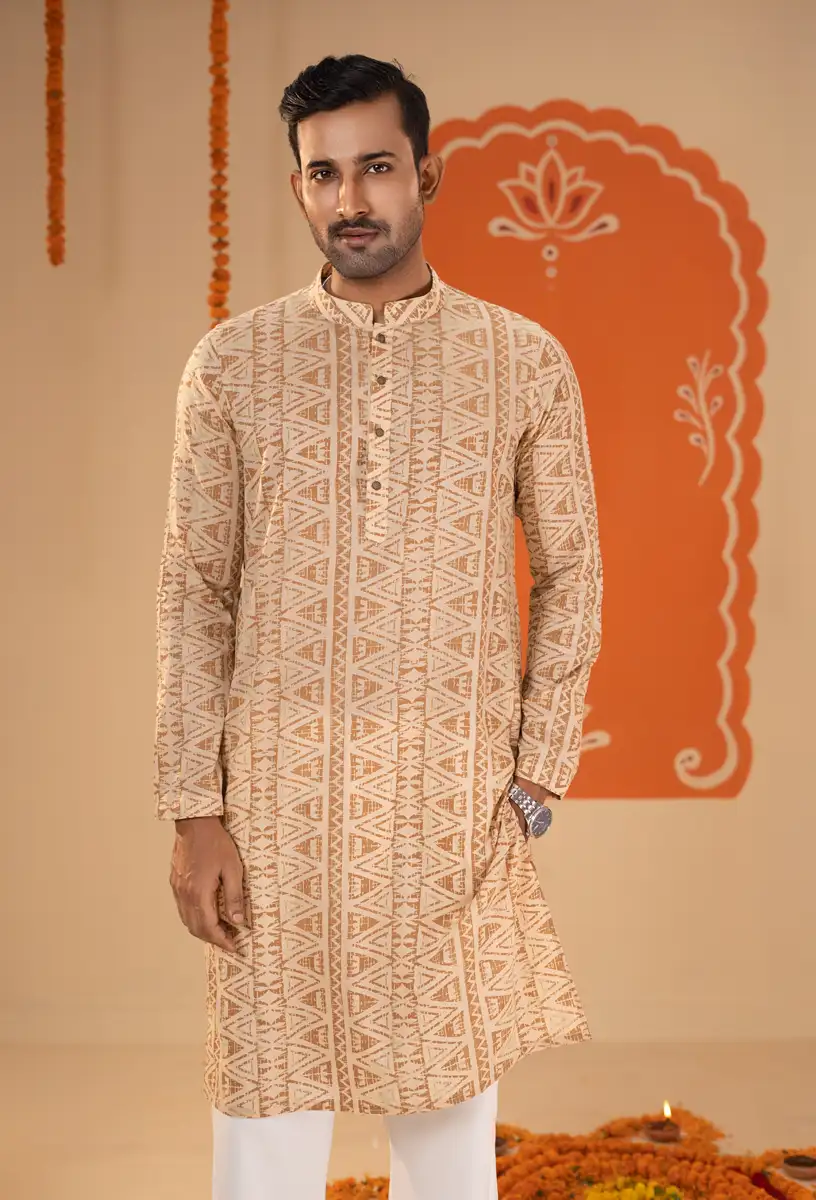 Men’s Beige & Brown Geometric Wax Batik Printed Panjabi