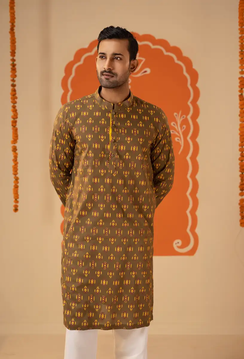 Men’s Olive Brown All-Over Printed Panjabi Traditional Geometric Motif Olive Brown gallery image