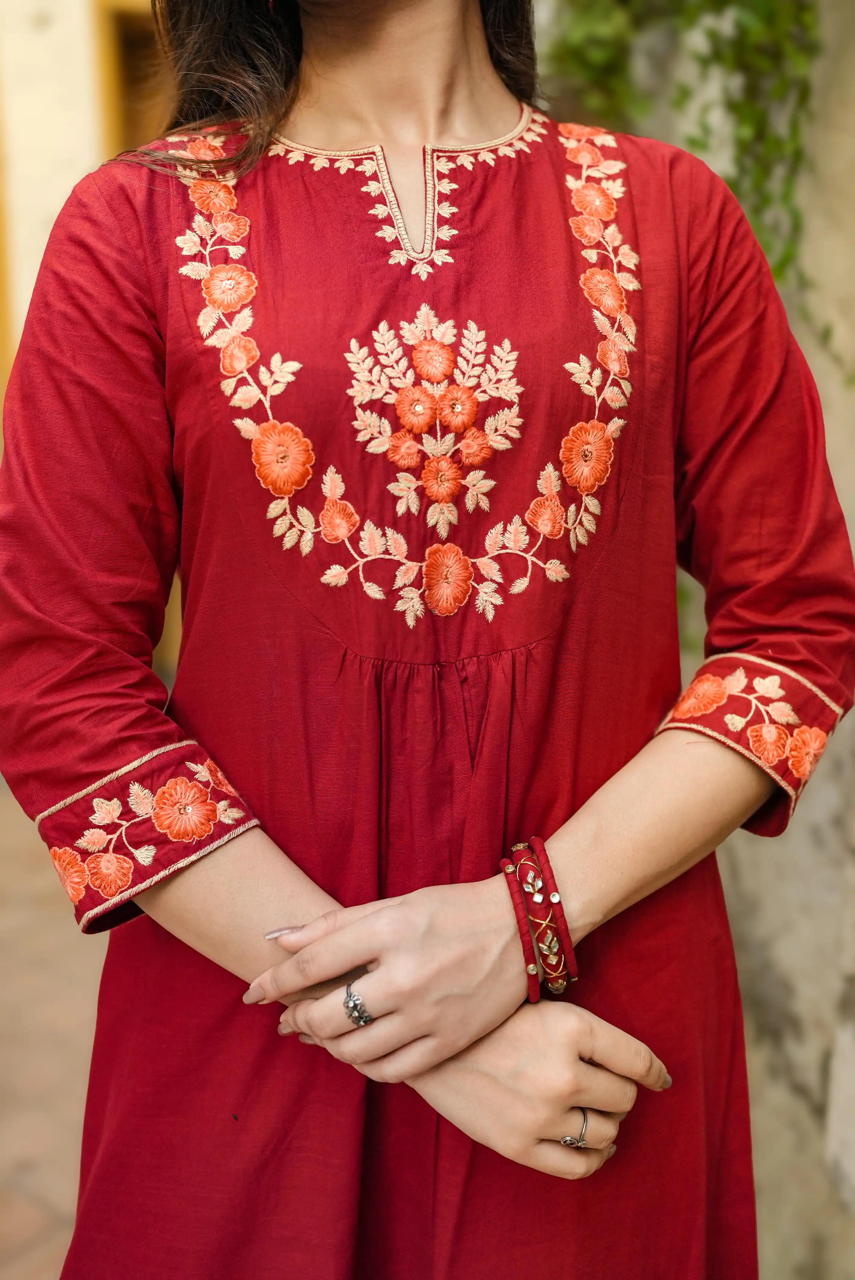 Burgundy Floral Embroidered Co-Ords Two Piece Set Burgundy gallery image
