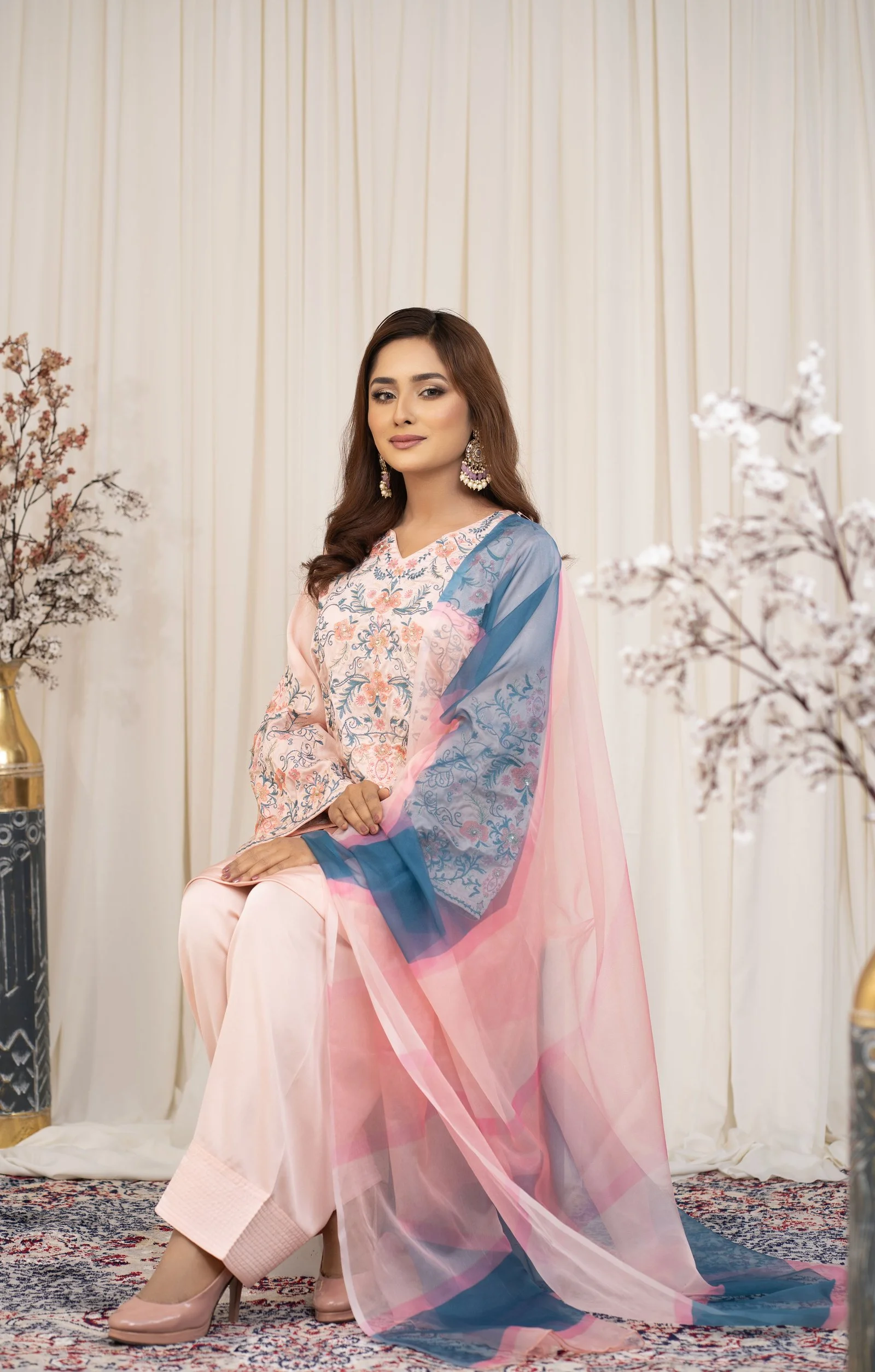 Women’s Embroidered 3-Piece Salwar Kameez Set with Printed Chiffon Dupatta Baby Pink gallery image