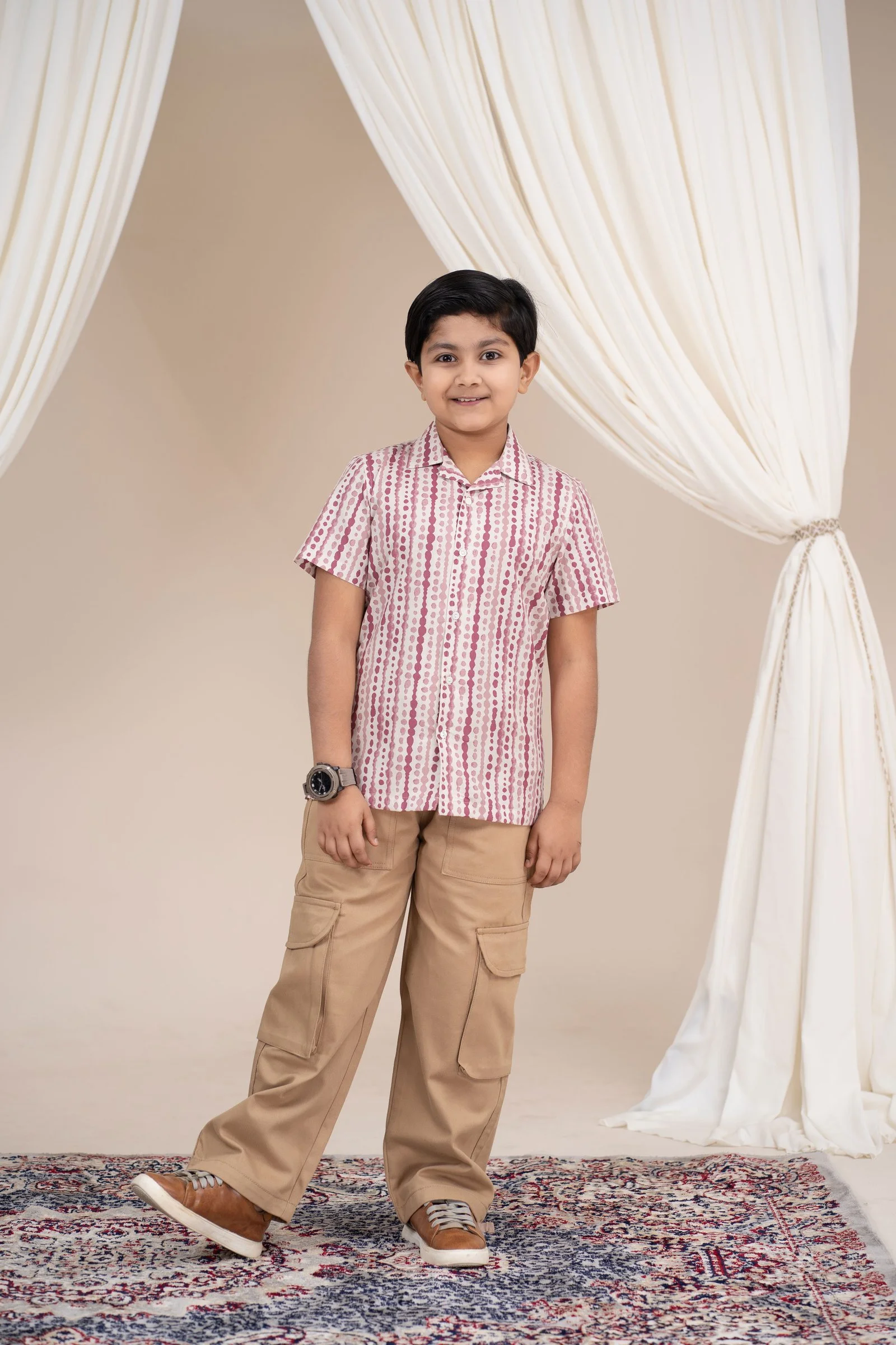 Boys’ Navy Palm Print Resort Short Sleeve Polyester Casual Shirt Copy White with Pink gallery image