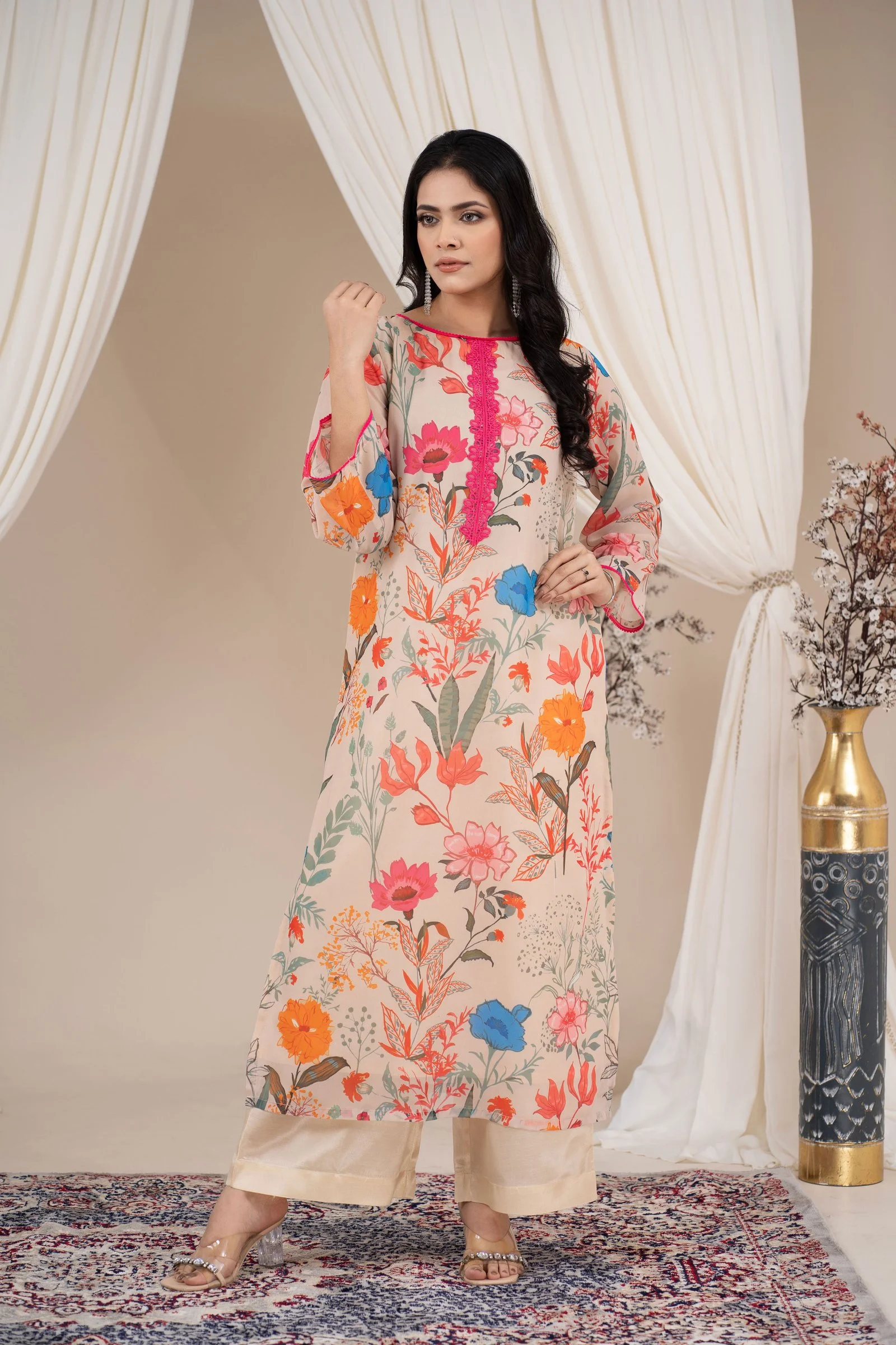 Women’s Floral Printed Long Kurta with Straight Pants