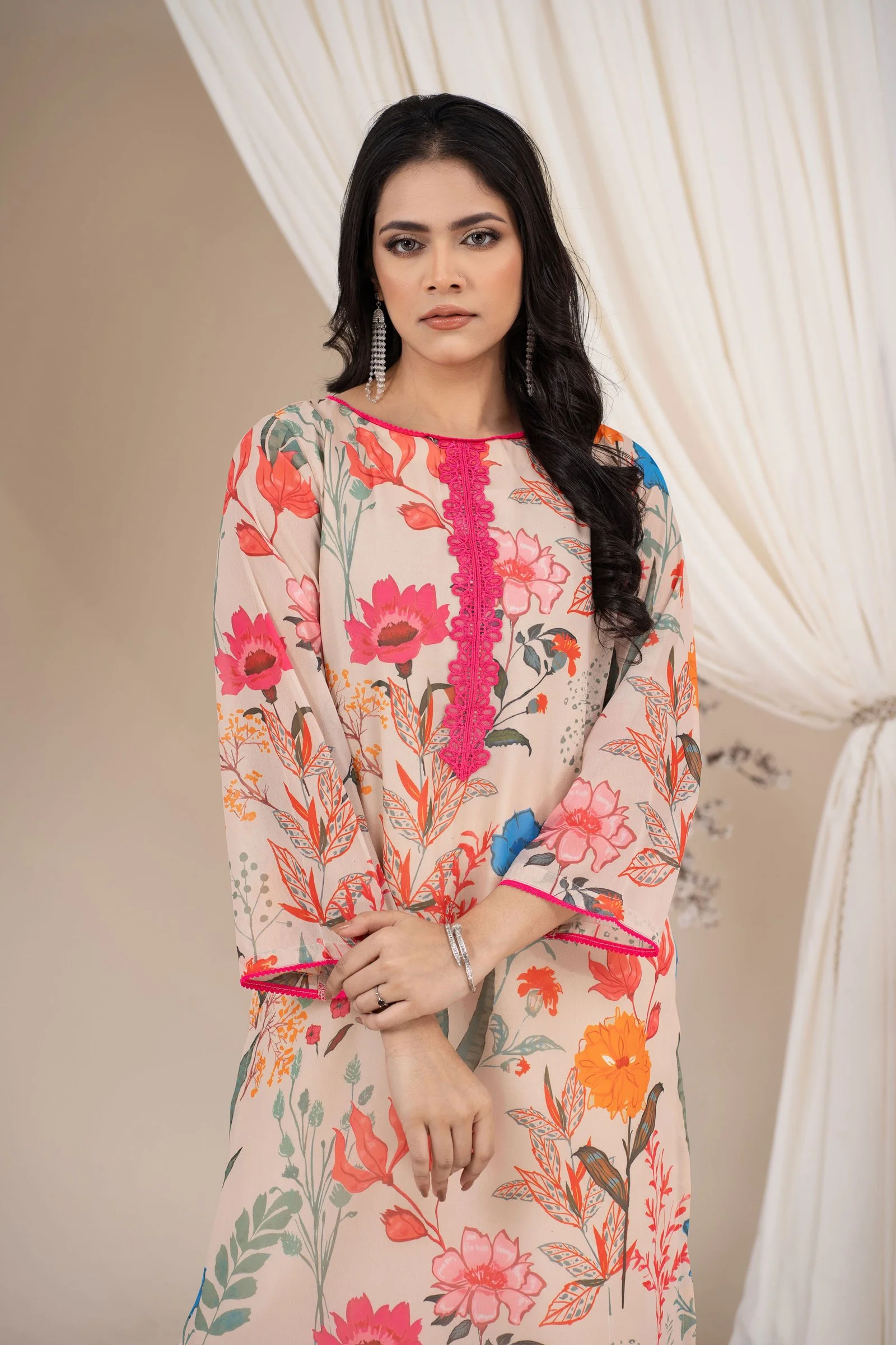 Women’s Floral Printed Long Kurta with Straight Pants Cream gallery image