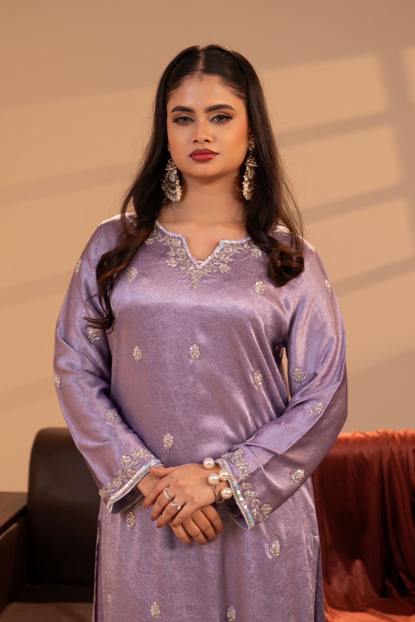 Lavender Karchupi Worked Co-Ord Set for Women Lavendar gallery image