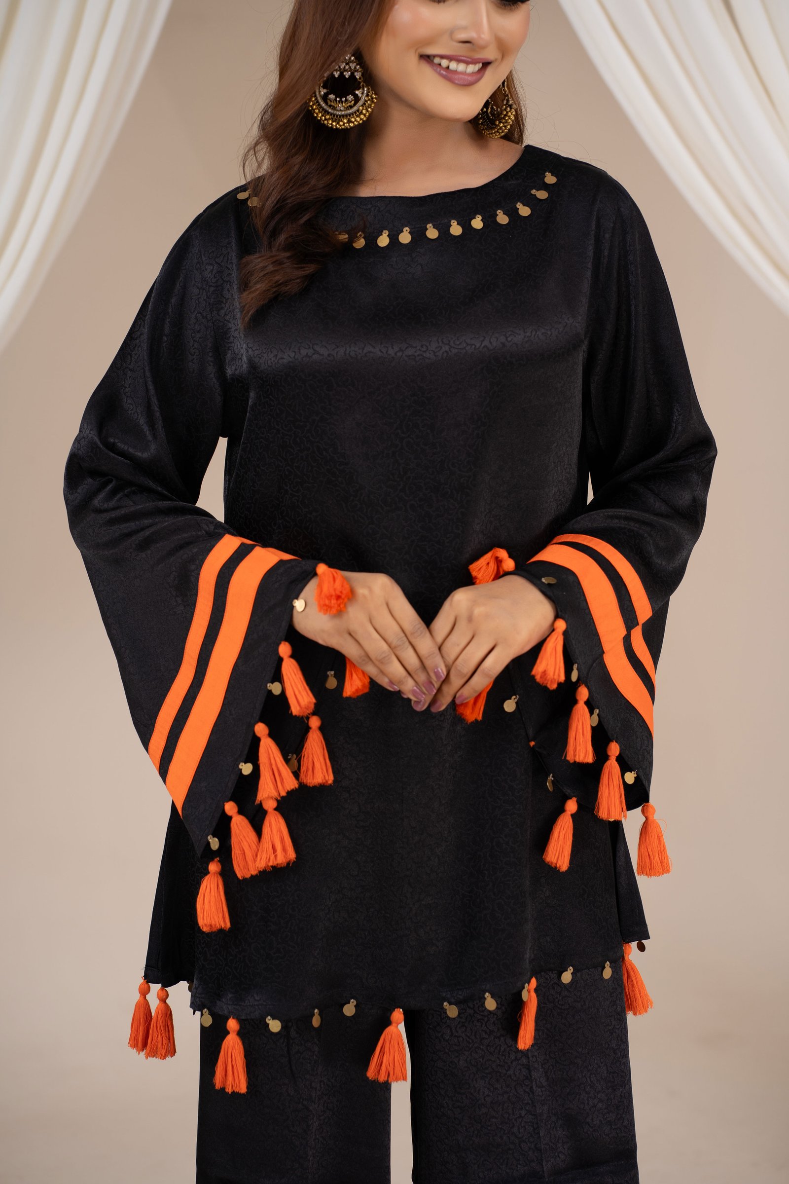 Black & Orange Tassel Detail Co-Ord Set BLACK gallery image