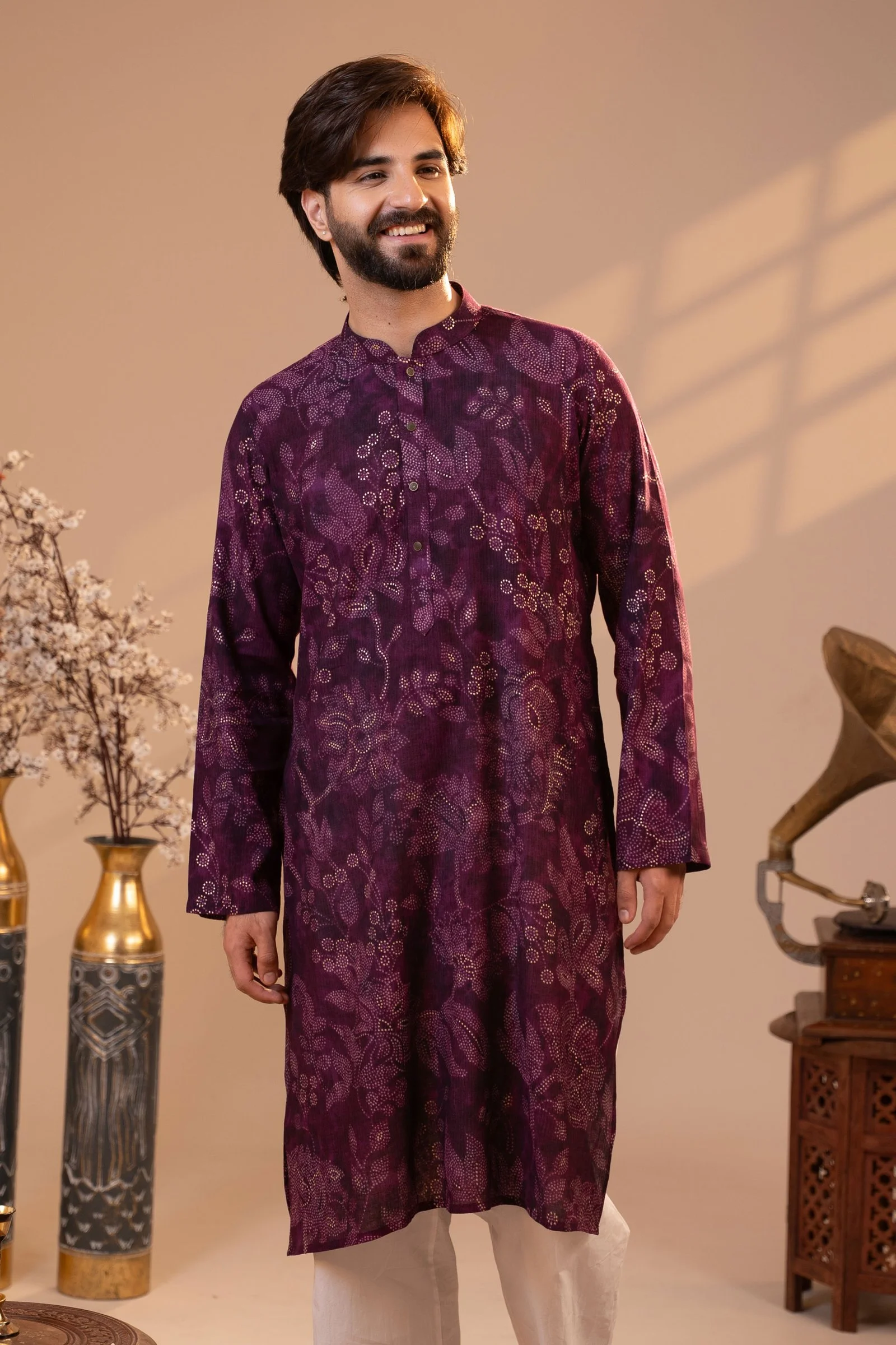 Men’s Royal Plum Floral Printed Panjabi Royal Plum gallery image
