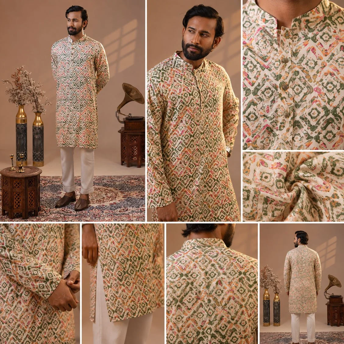 Men’s Premium All-Over Printed Panjabi Cream gallery image