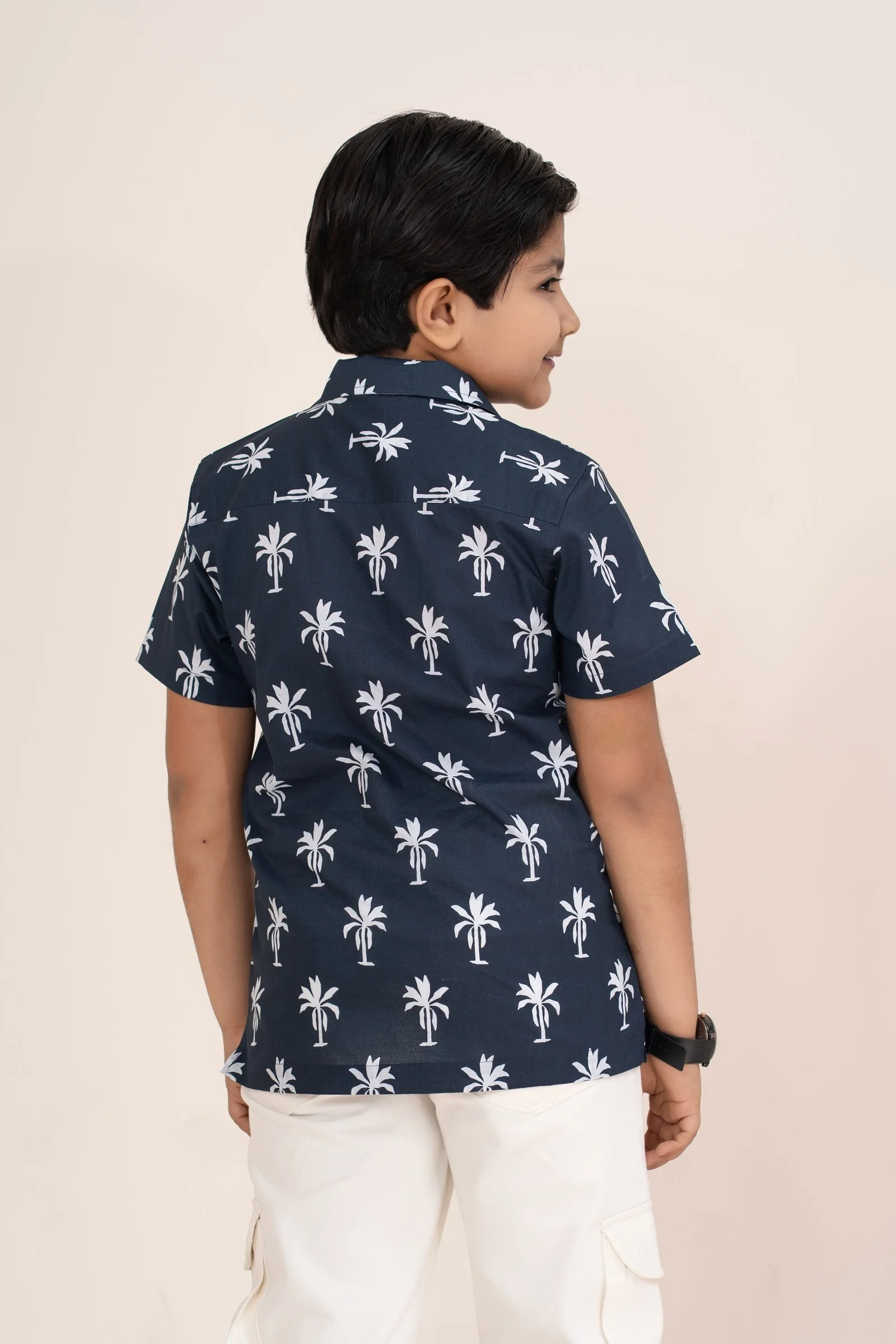 Boys’ Navy Palm Print Resort Short Sleeve Polyester Casual Shirt BLUE gallery image
