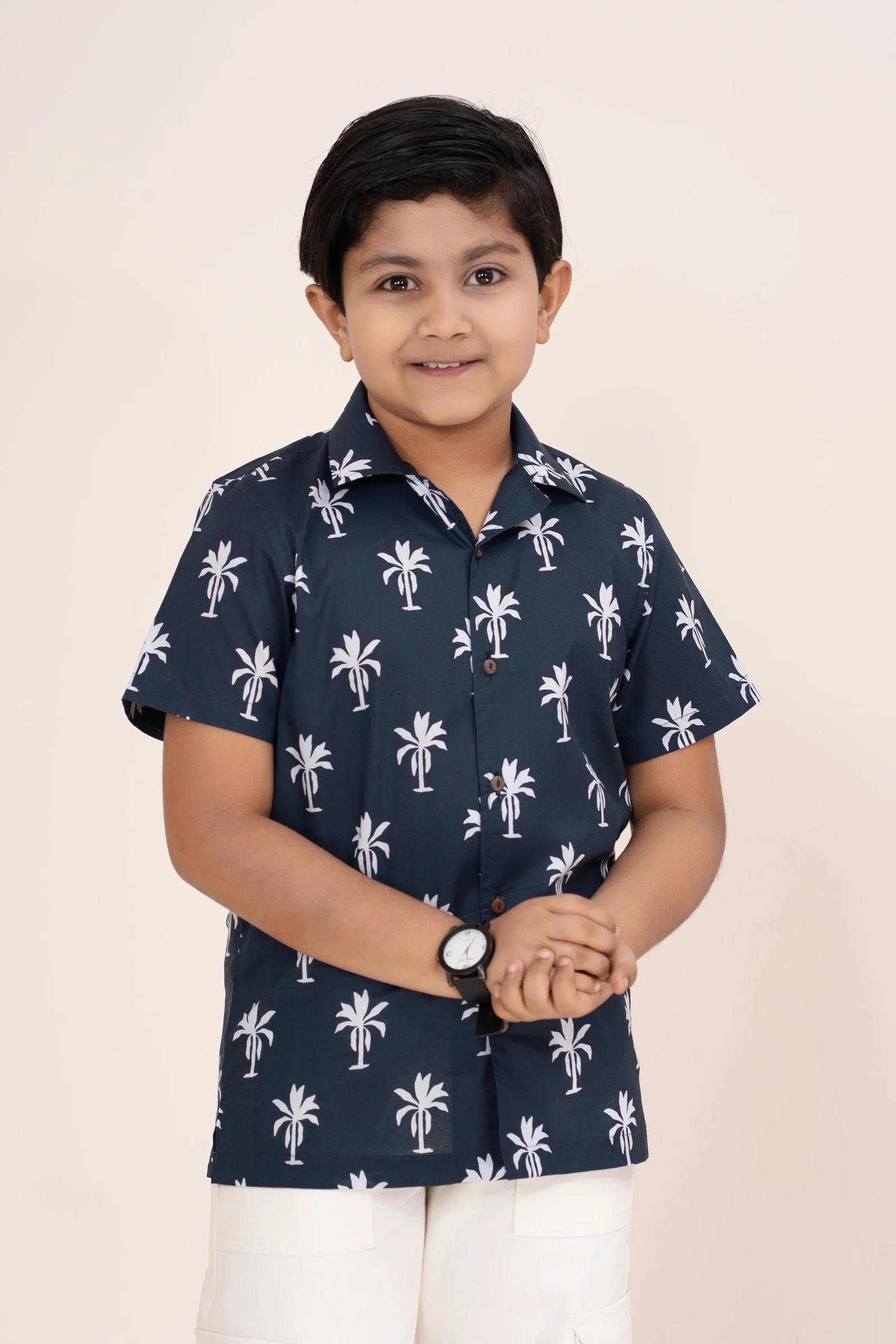 Boys’ Navy Palm Print Resort Short Sleeve Polyester Casual Shirt