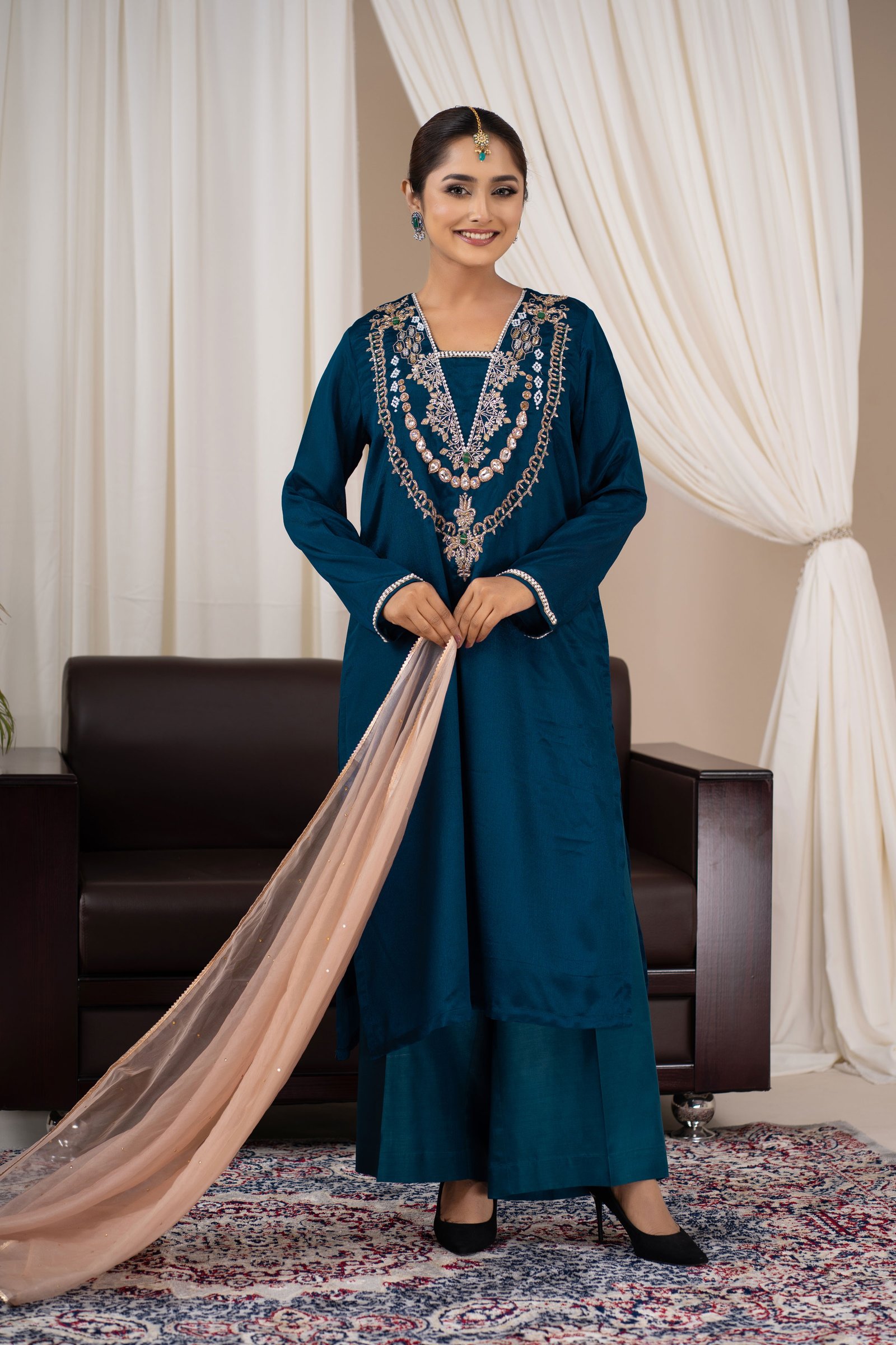 Teal Silk Karchupi 3 Piece Suit Set with Pearl Neckline Detailing and Moslin Dupatta for Women Peacock Teal gallery image