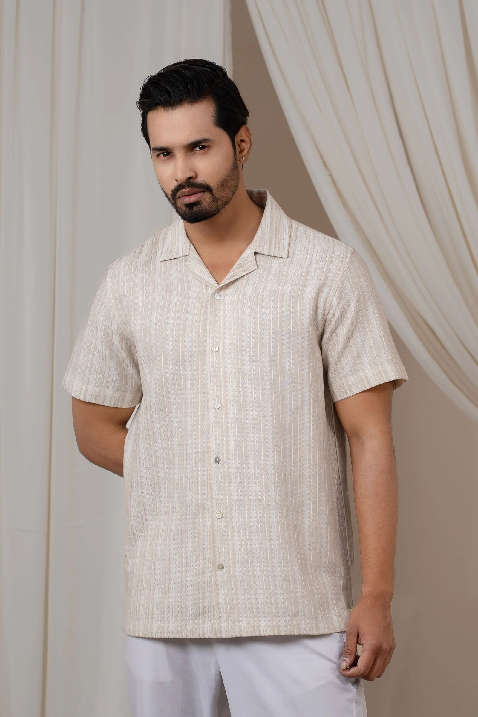 Men’s Premium Textured Stripe Cuban Collar Ivory Casual Shirt