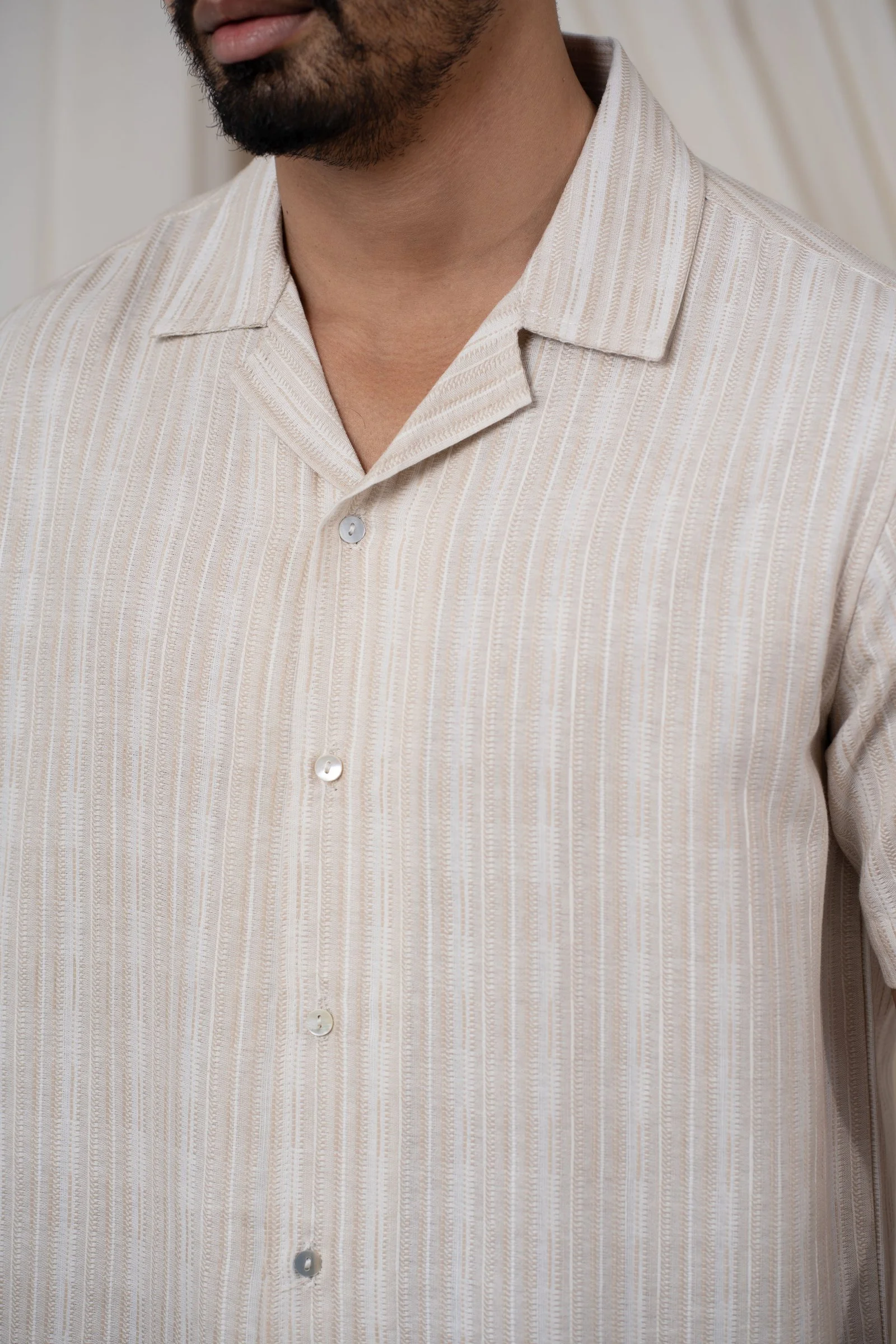 Men’s Premium Textured Stripe Cuban Collar Ivory Casual Shirt Ivory gallery image