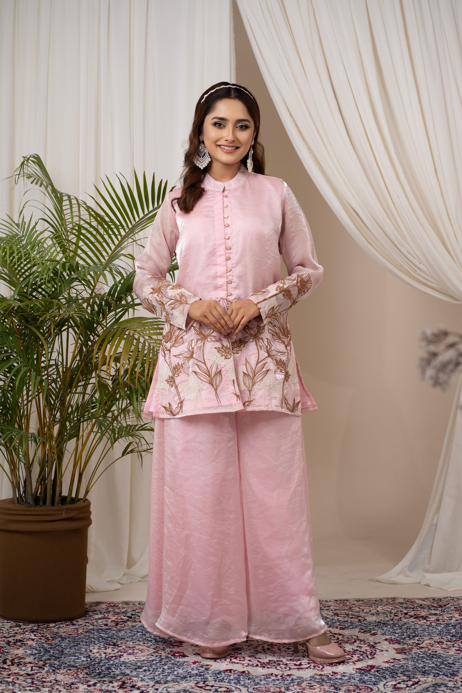 Blush Bloom Organza Silk Embroidered Co-Ord Set