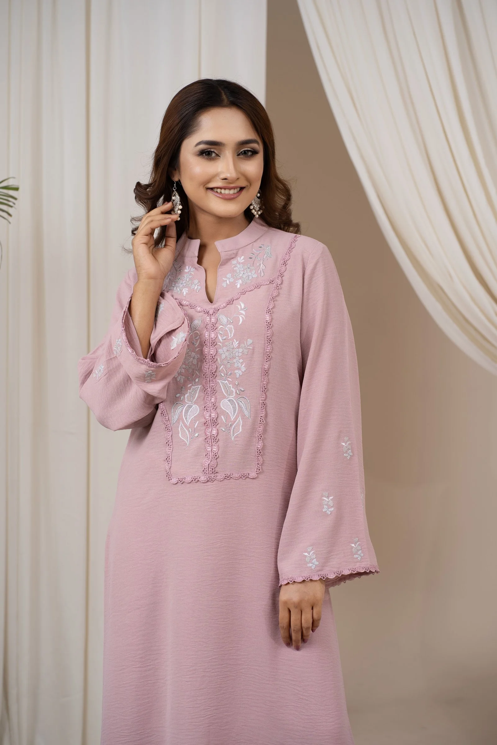 Dusty Pink Embroidered Lace Embroidery Dress for Women Dusty Rose gallery image