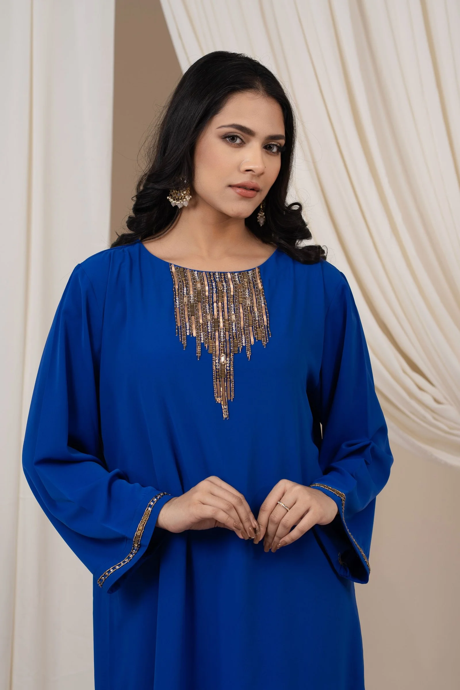 Women’s Royal Blue Embellished Bell-Sleeve Dress
