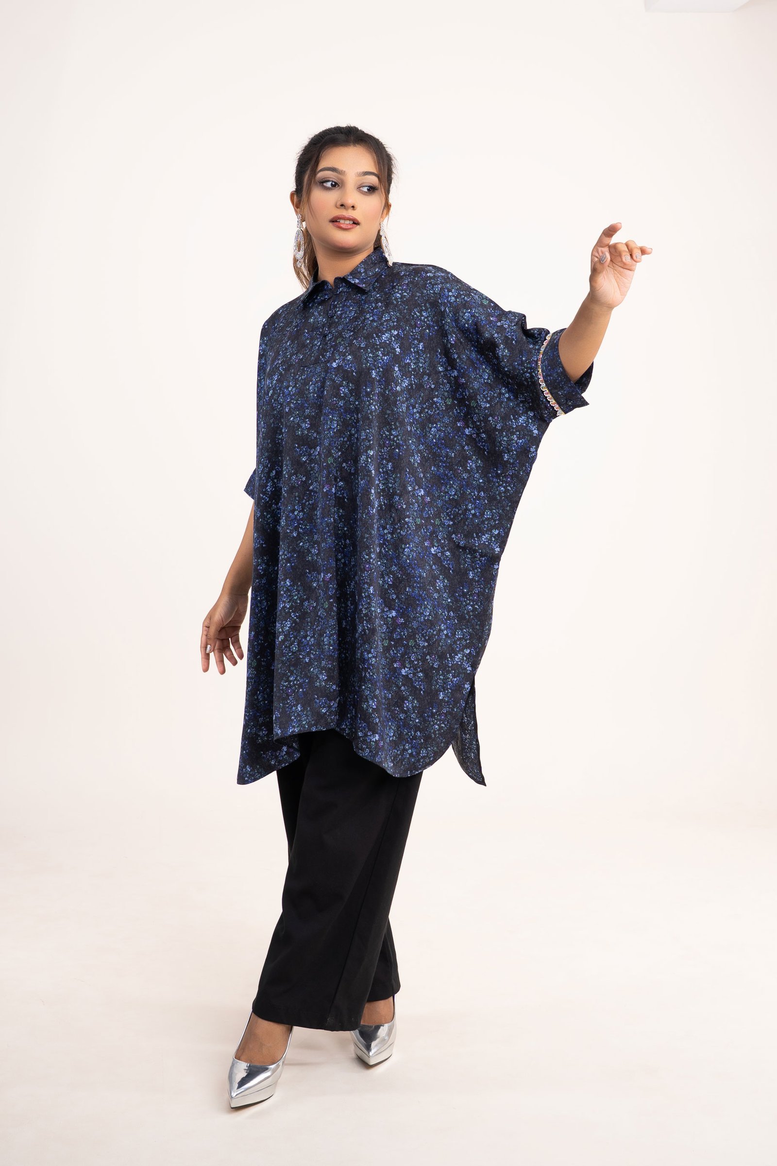 Midnight Bloom Printed Kaftan for Women Navy Blue gallery image