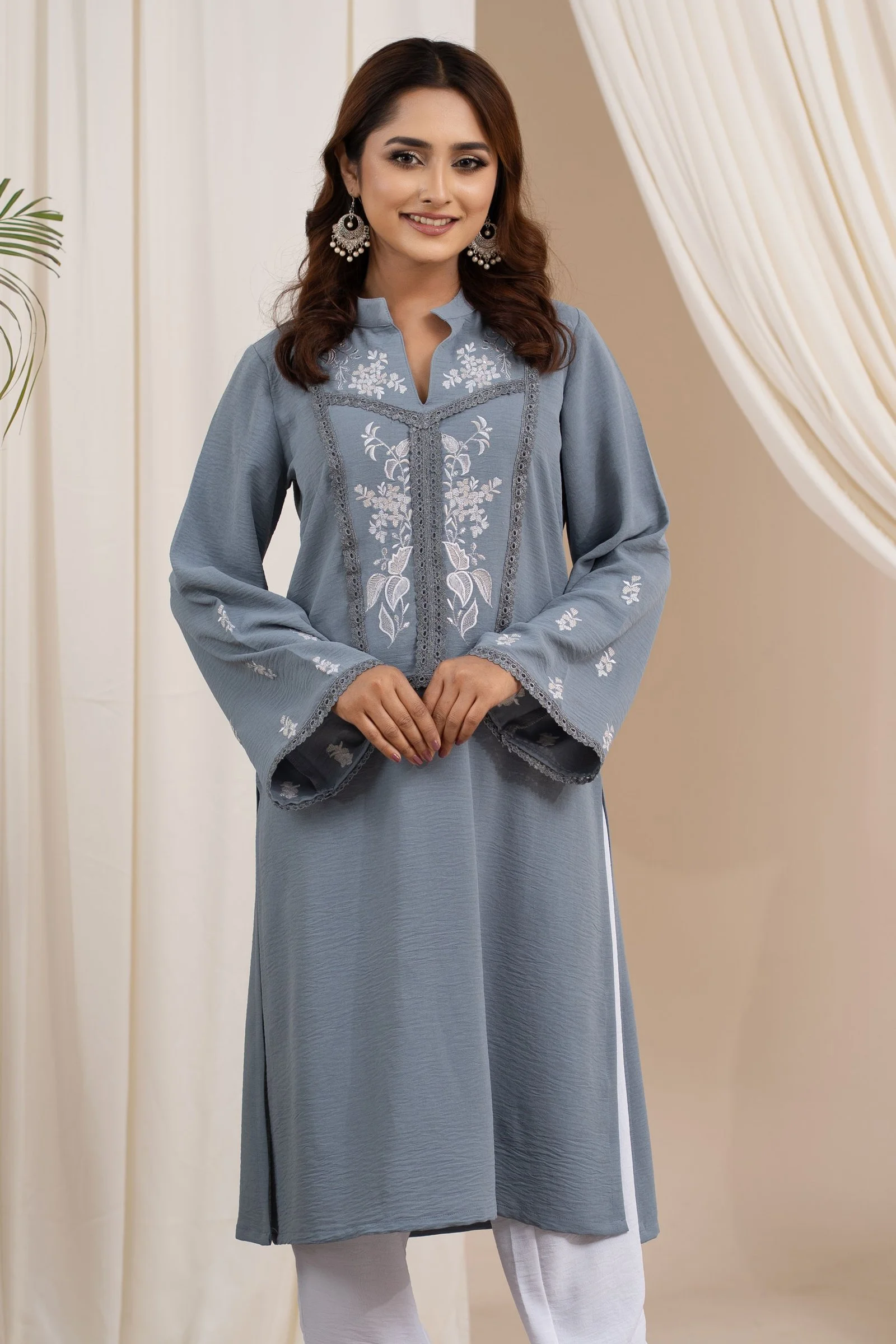 Women’s Embroidered Lace-Detail One Piece Kurti