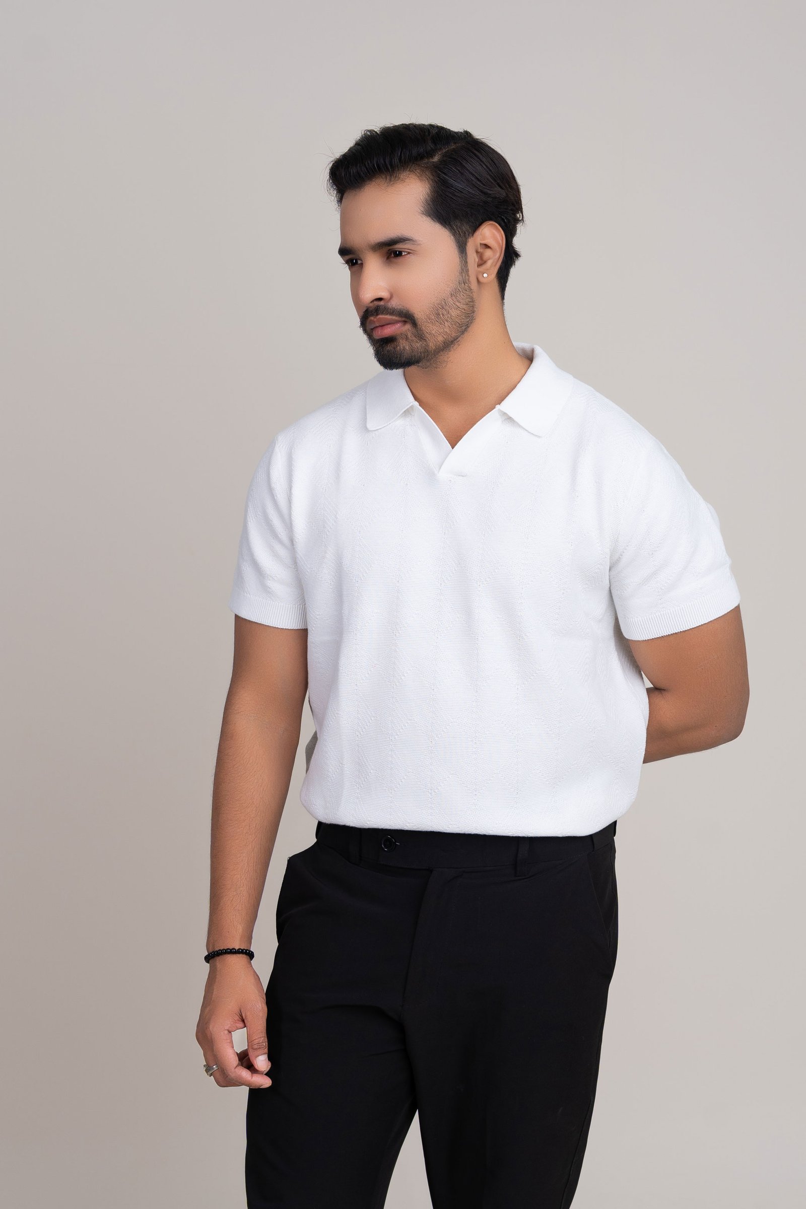 Waffle Cotton Rib-Knit Polo Tee for Men White gallery image