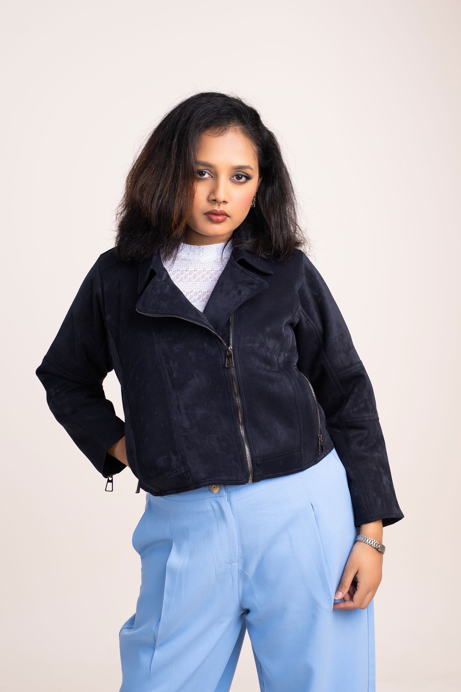 Women’s Black Suede-Textured Biker Jacket