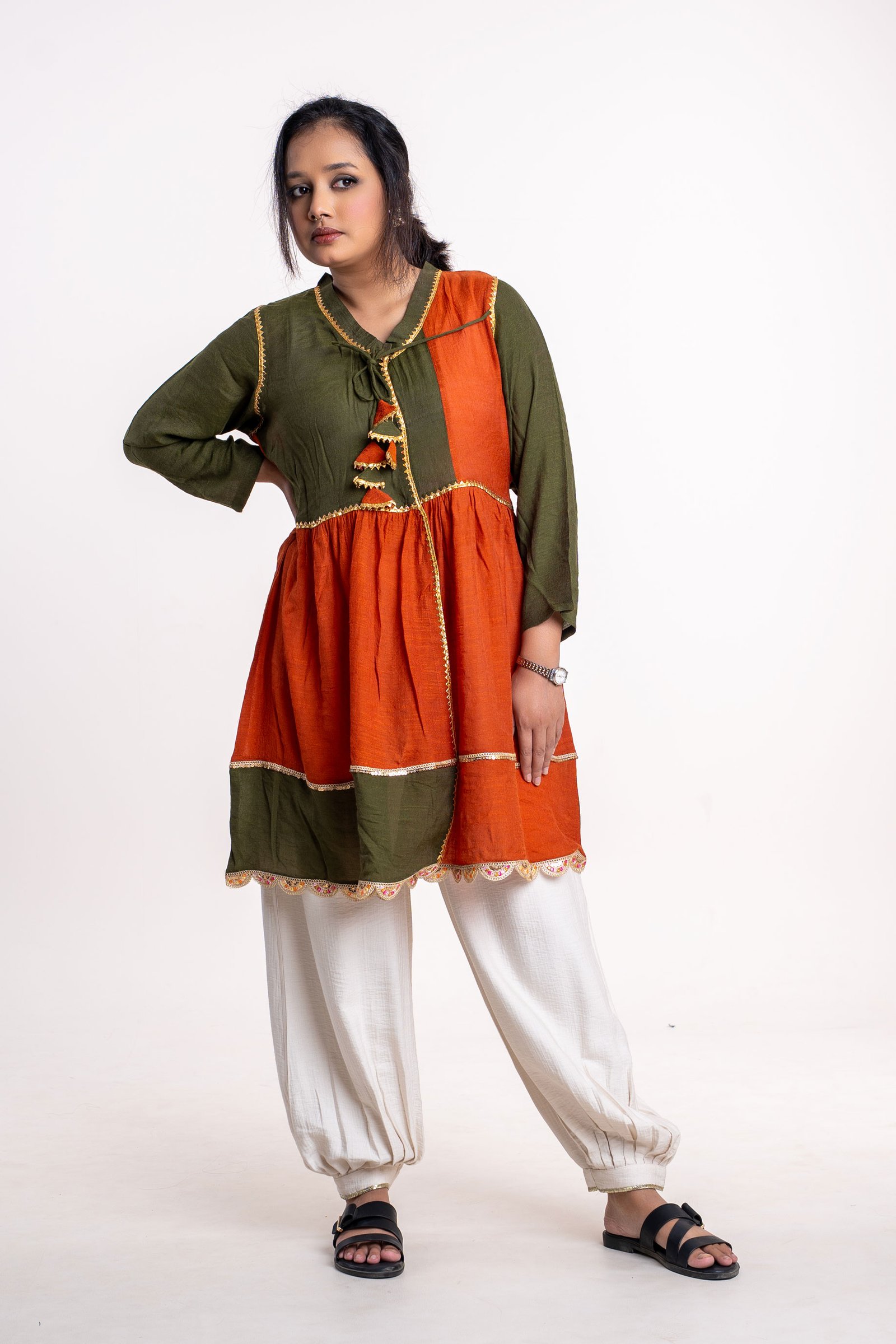 Olive & Rust Handcrafted Panel Kurti Set for Women Coral Orange gallery image