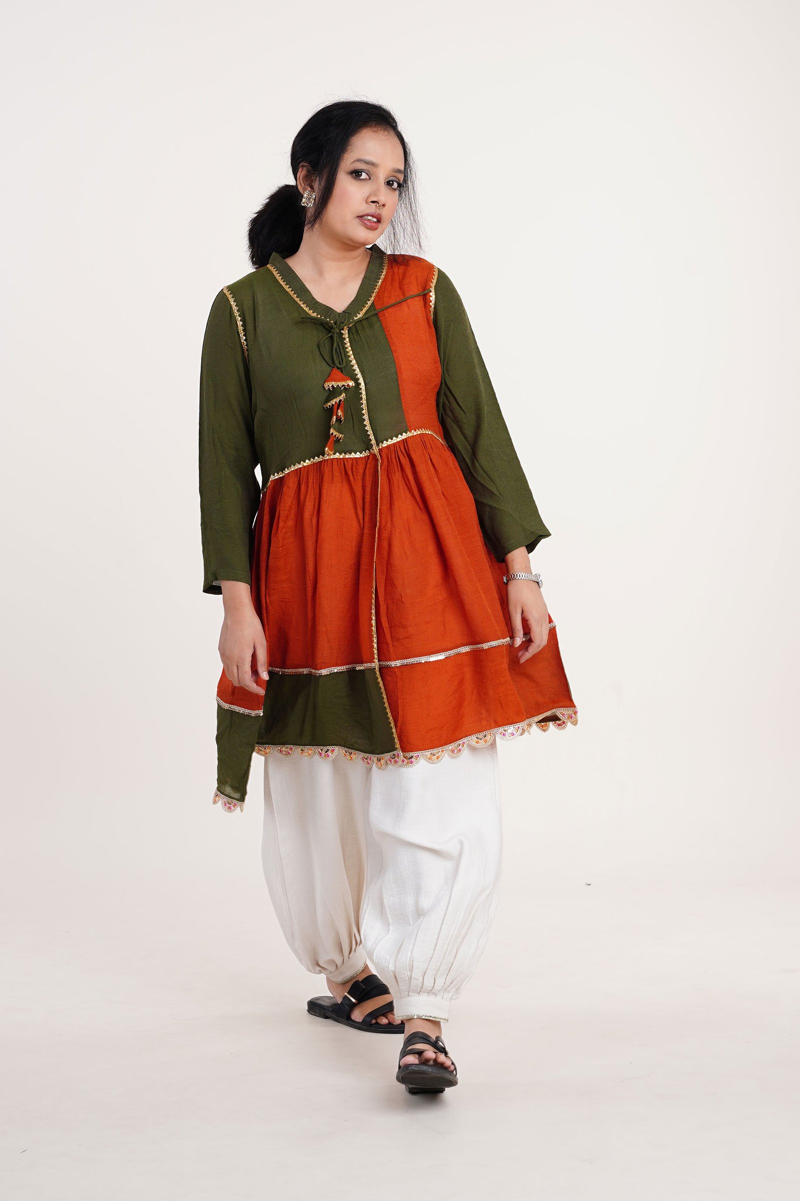 Olive & Rust Handcrafted Panel Kurti Set for Women