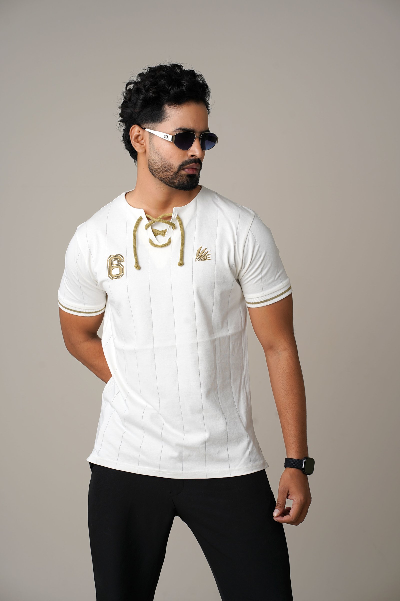 Men’s White Drop Needle Lace-Up Neck T-Shirt