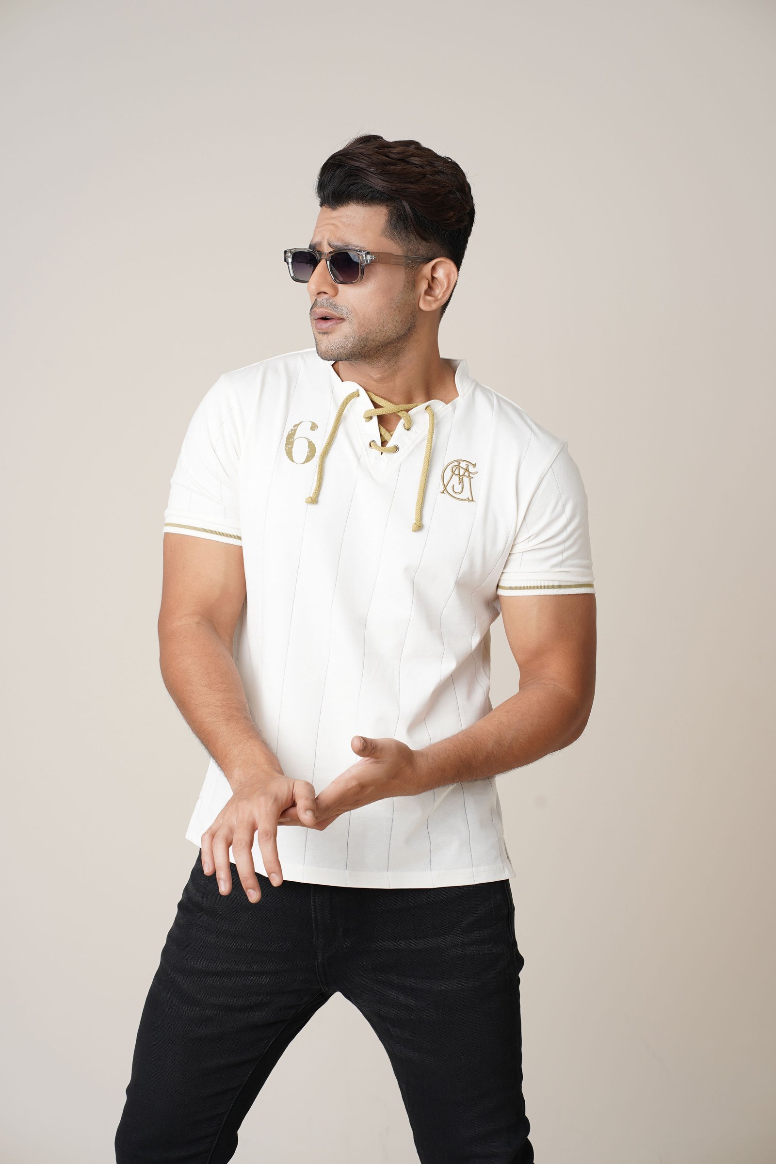 Men’s White Drop Needle Lace-Up Neck T-Shirt Copy White gallery image