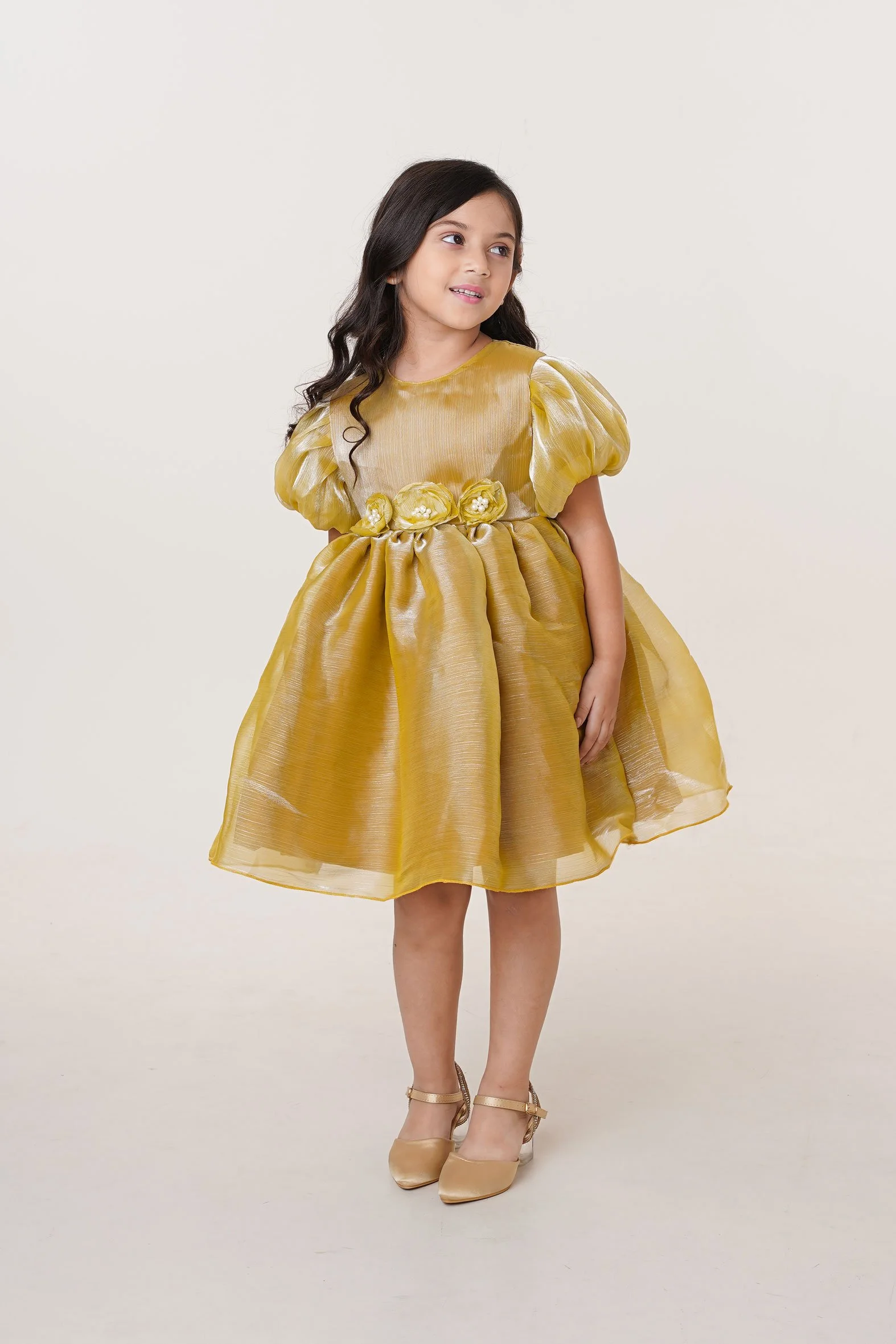 Girls Golden Yellow Party Dress with Puff Sleeves Floral Waist Detail & Flared Skirt