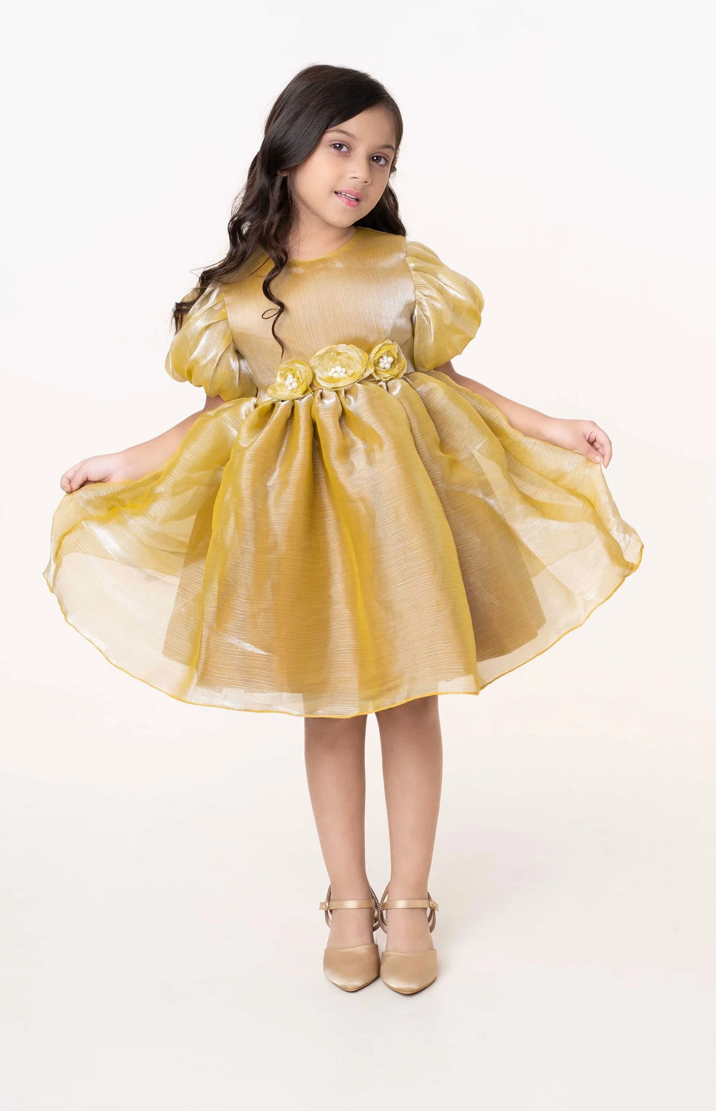 Girls Golden Yellow Party Dress with Puff Sleeves Floral Waist Detail & Flared Skirt Golden Yellow gallery image