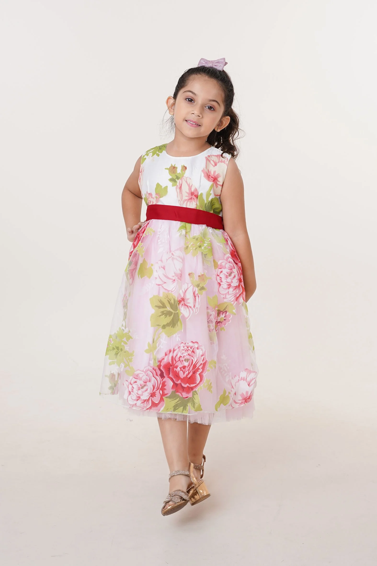 Girls Floral Organza Party Dress with Sleeveless Bodice Red Waist Belt & Flared Skirt Baby Pink gallery image