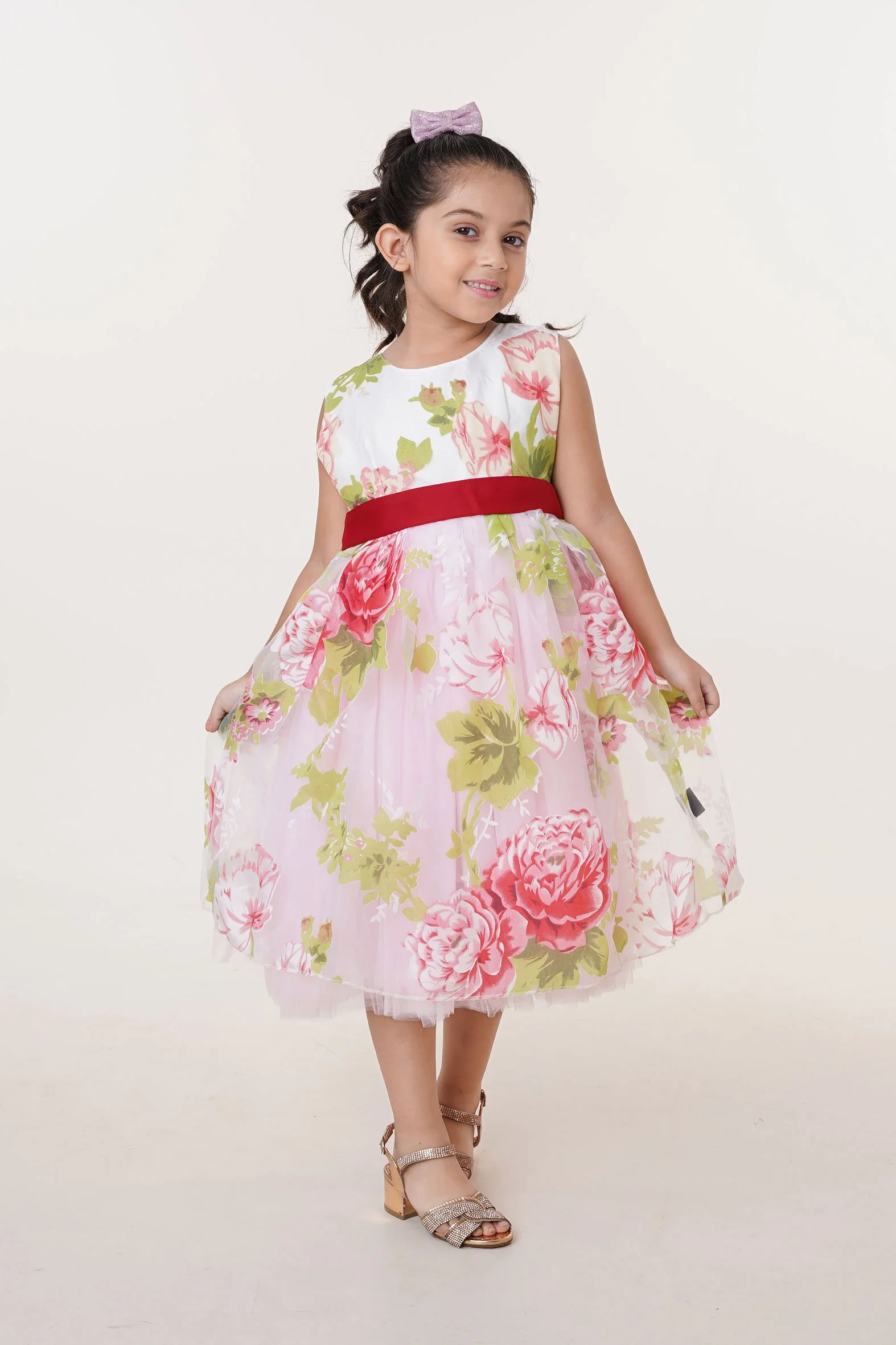 Girls Floral Organza Party Dress with Sleeveless Bodice Red Waist Belt & Flared Skirt
