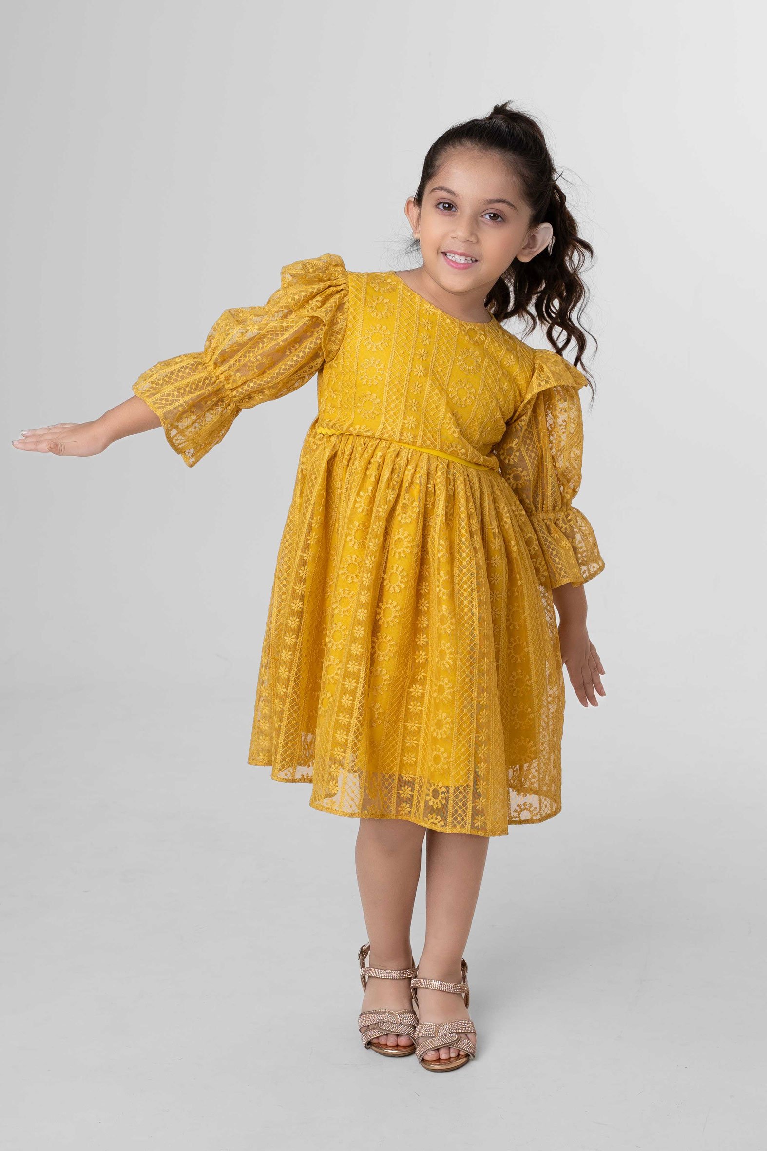 Girls Floral Organza Party Dress with Sleeveless Bodice Red Waist Belt & Flared Skirt Copy Golden Yellow gallery image