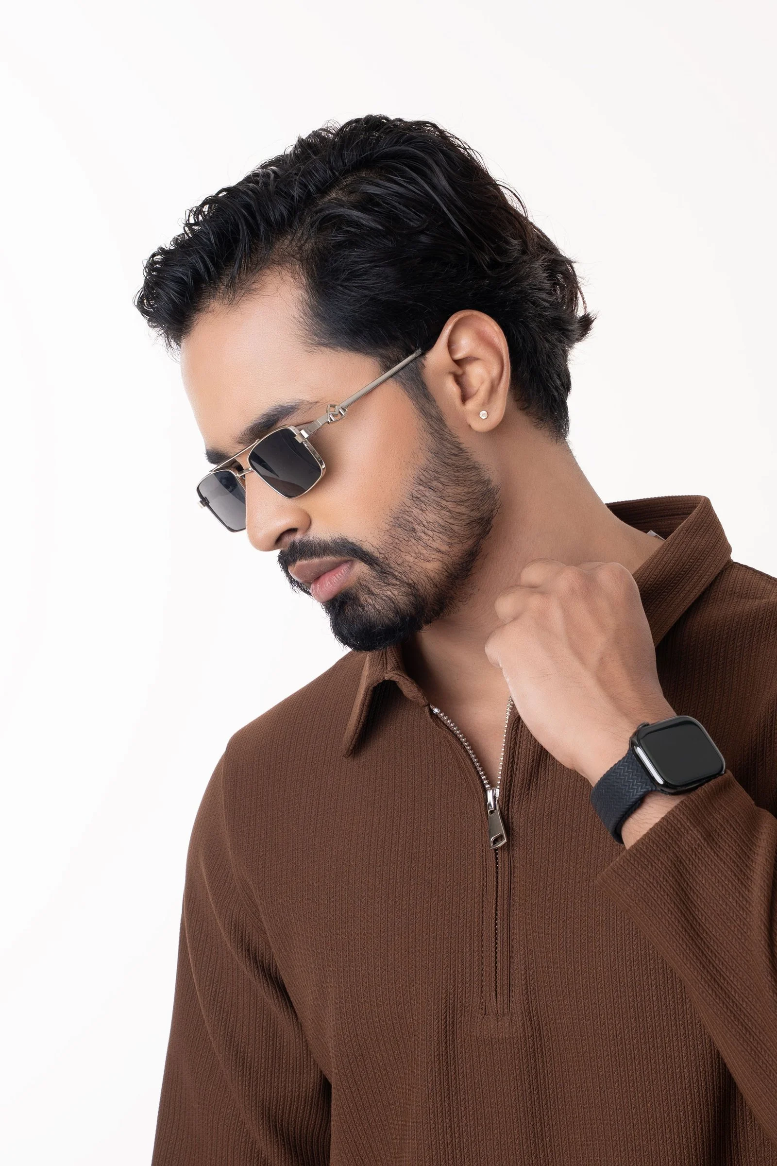 Men’s Half-Zip Closure Cotton Vertical Textured Polo Shirt Brown gallery image