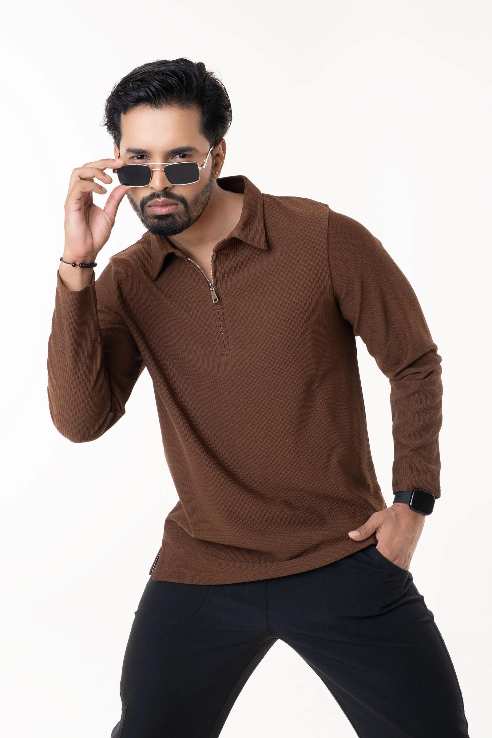 Men’s Half-Zip Closure Cotton Vertical Textured Polo Shirt