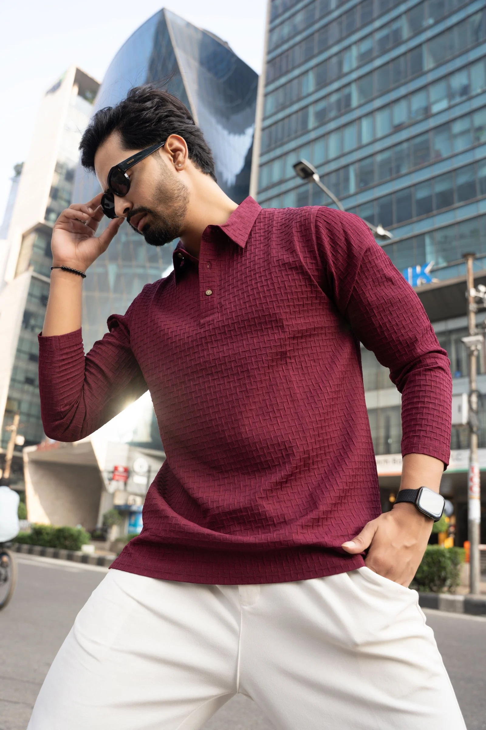 Men’s Honeycomb Cotton Maroon Long Sleeve Polo Shirt