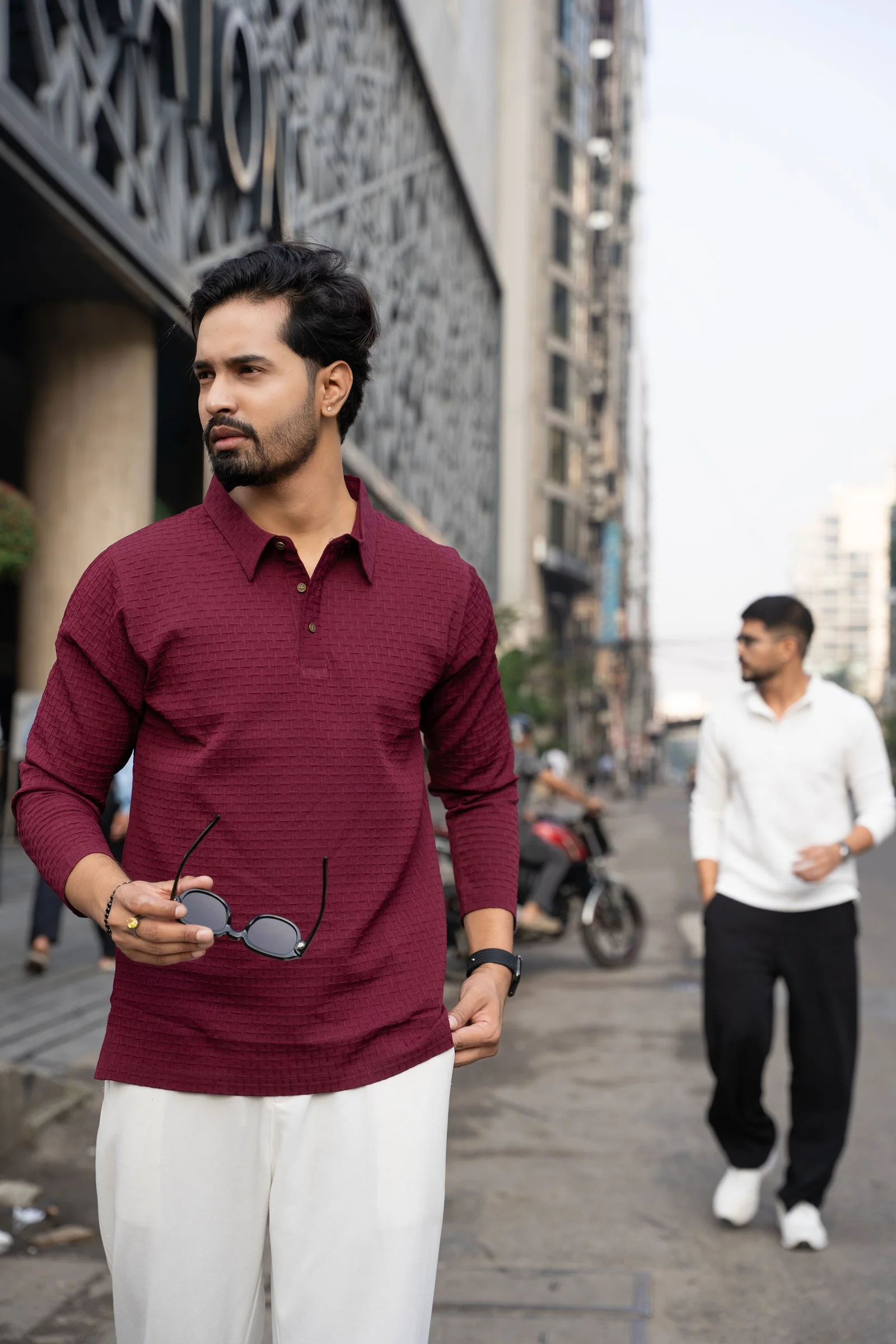 Men’s Honeycomb Cotton Maroon Long Sleeve Polo Shirt Wine gallery image