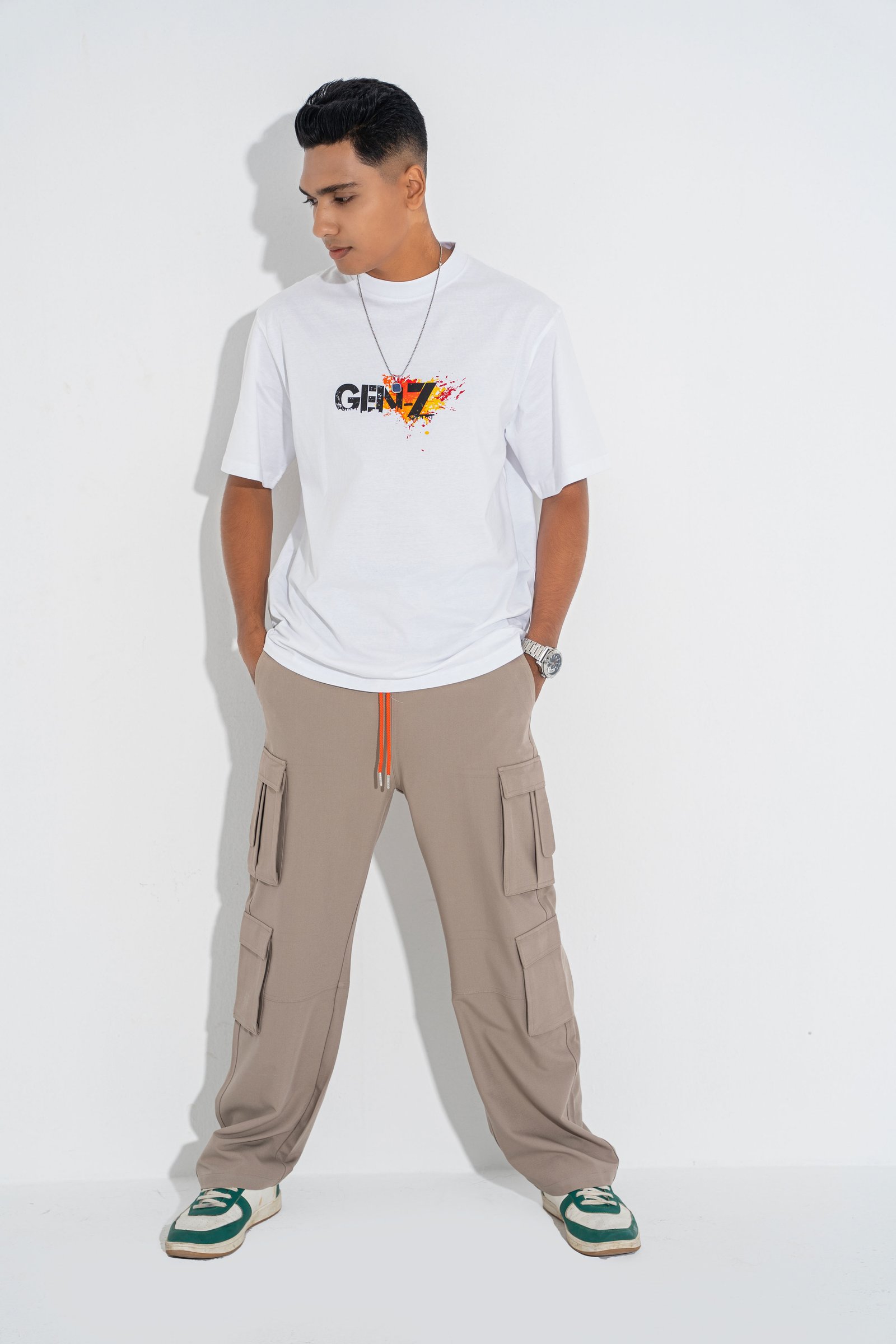 Men's Premium Lace-Up Collar Textured Cotton Half Sleeve Casual Tee Copy White gallery image