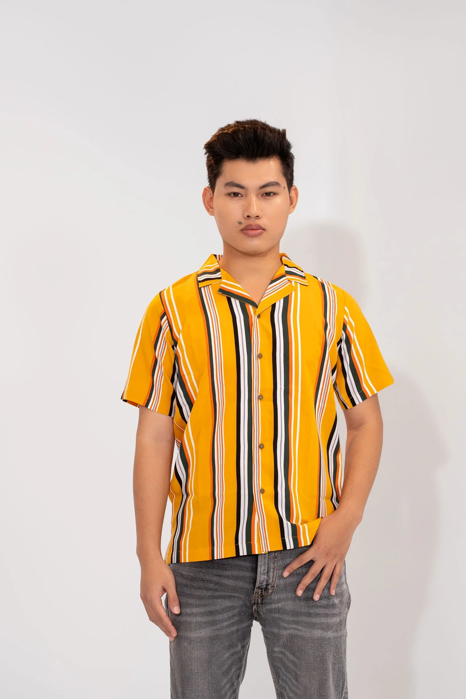 Men’s Retro Striped Cuban Collar Mustard Yellow Shirt