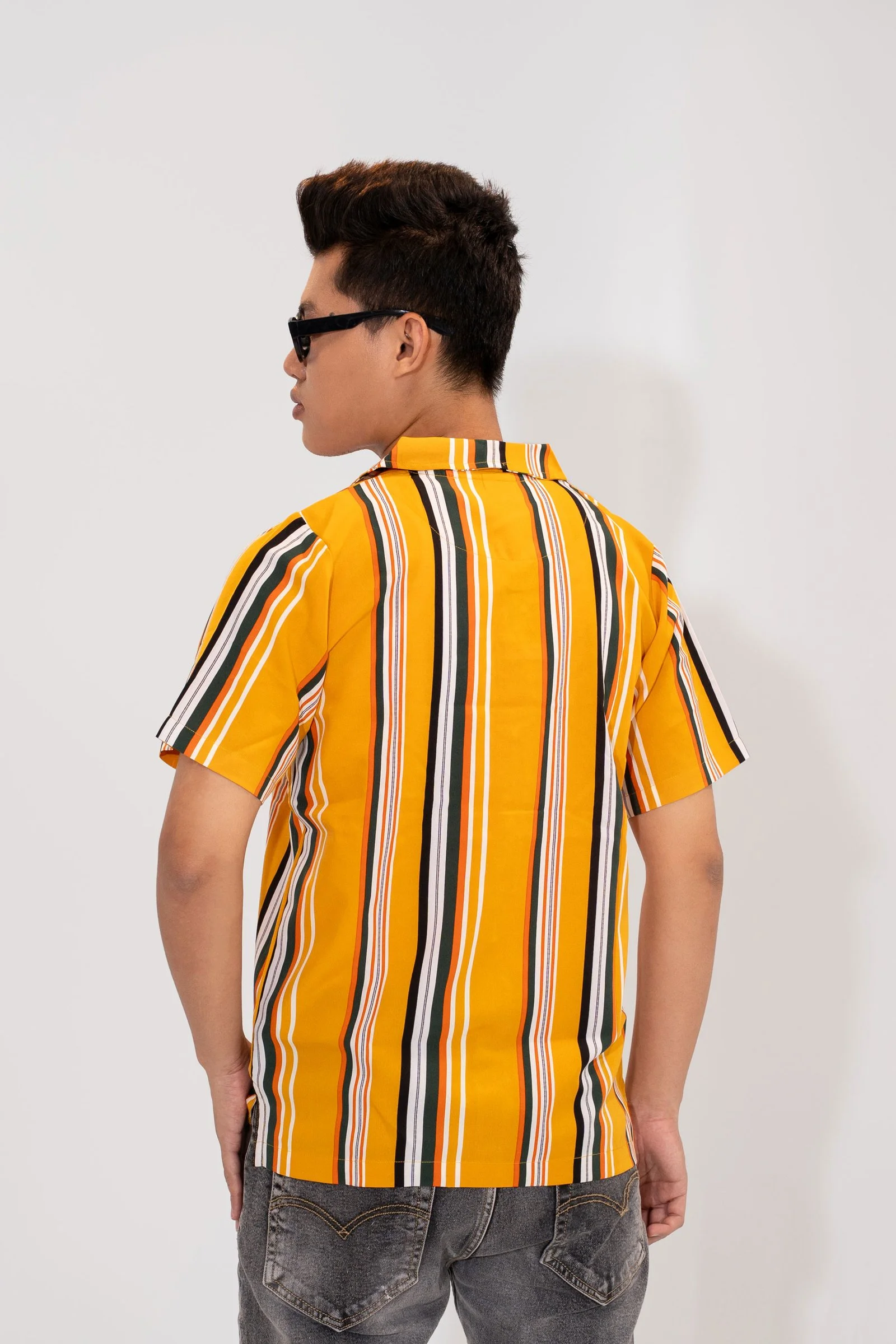 Men’s Retro Striped Cuban Collar Mustard Yellow Shirt Mustard Yellow gallery image