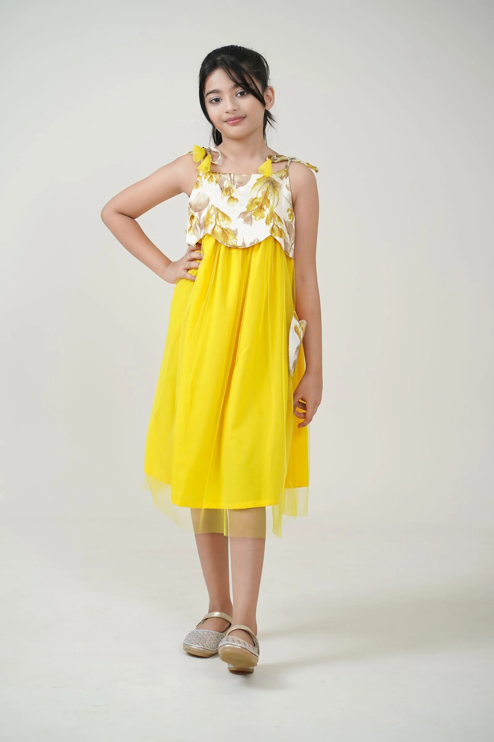 Girls’ Sunshine Yellow Floral Overlay Party Dress YELLOW gallery image