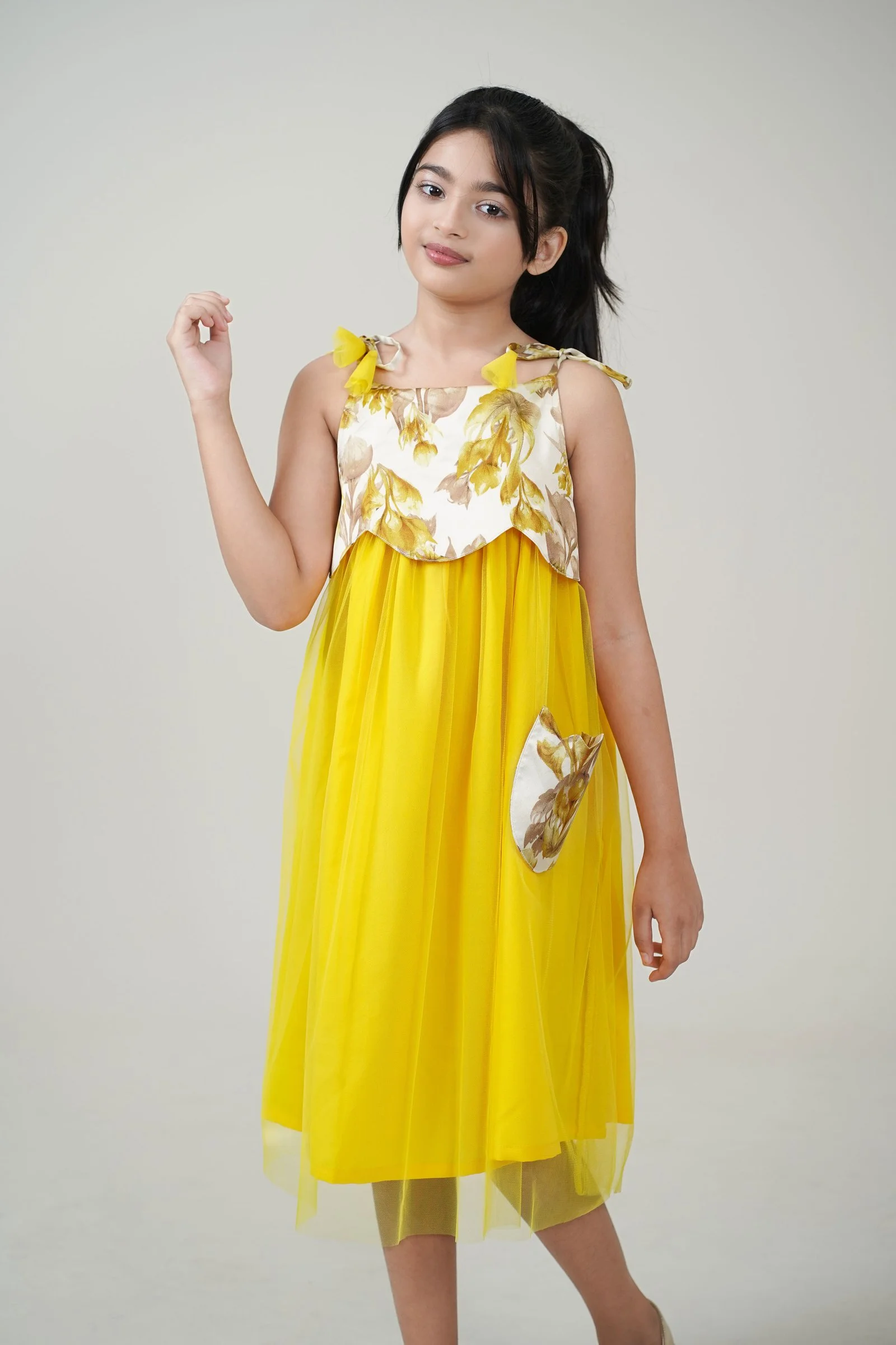 Girls’ Sunshine Yellow Floral Overlay Party Dress
