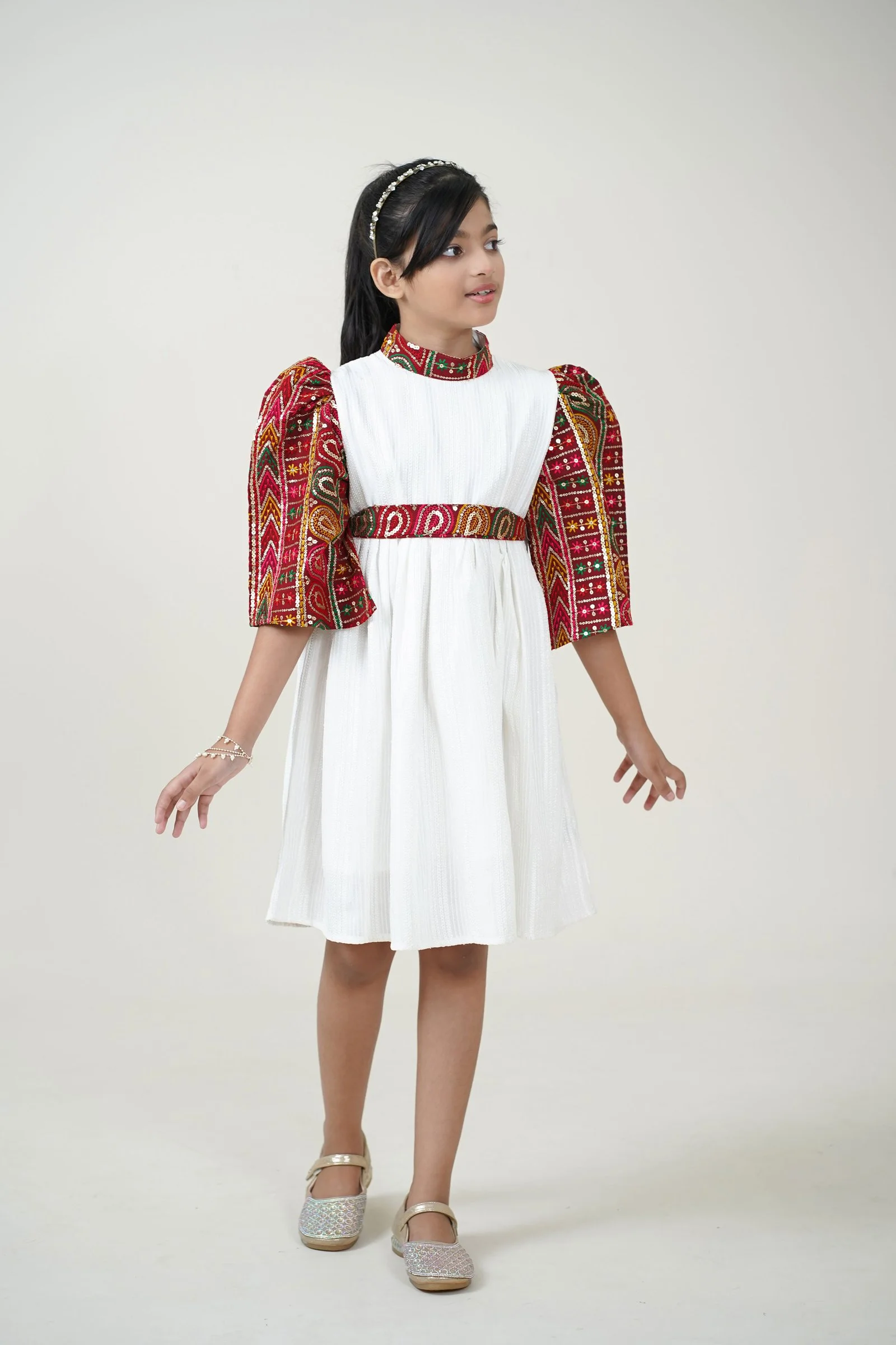 Girls’ White Ethnic Printed-Sleeve Fit & Flare Dress
