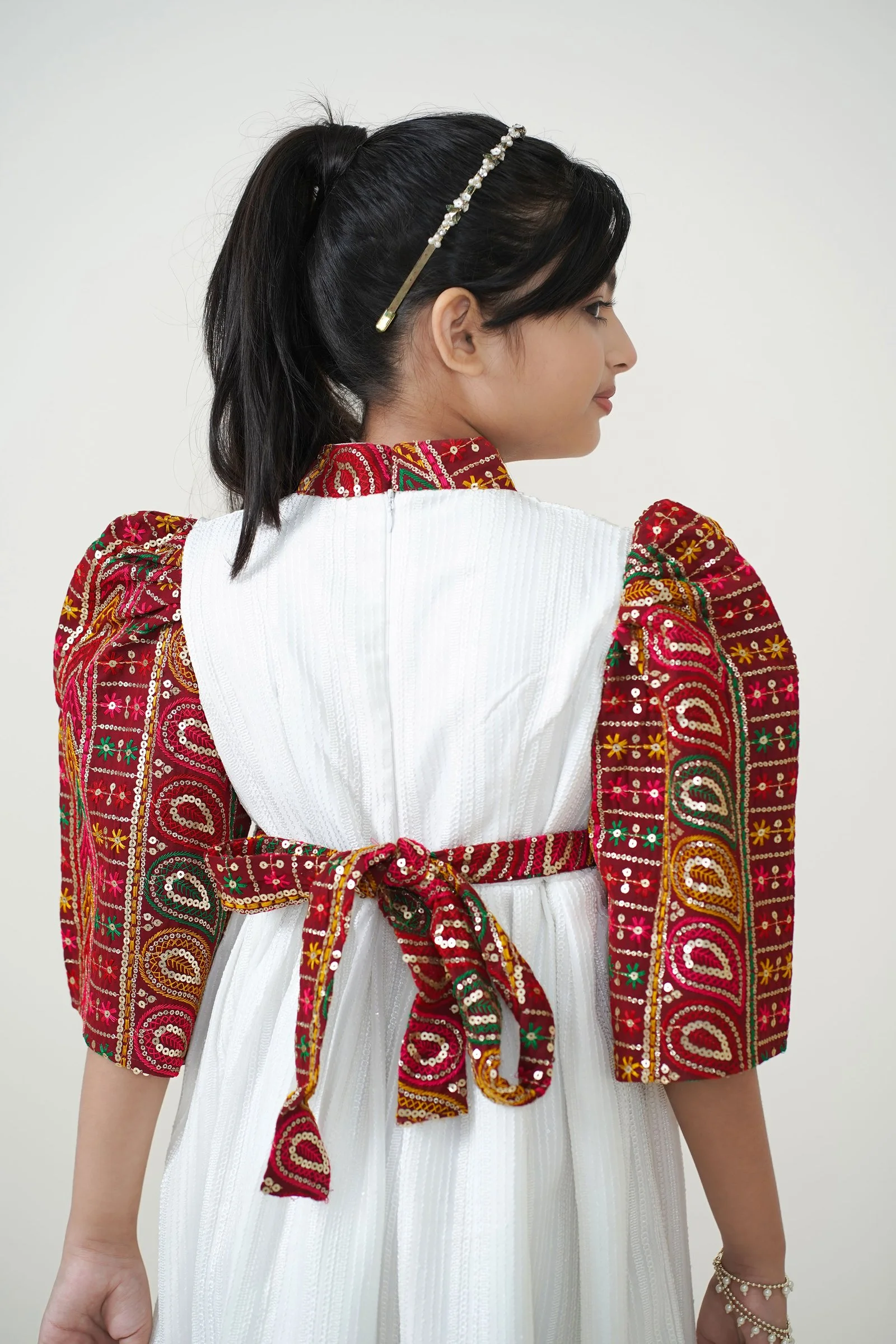 Girls’ White Ethnic Printed-Sleeve Fit & Flare Dress White gallery image