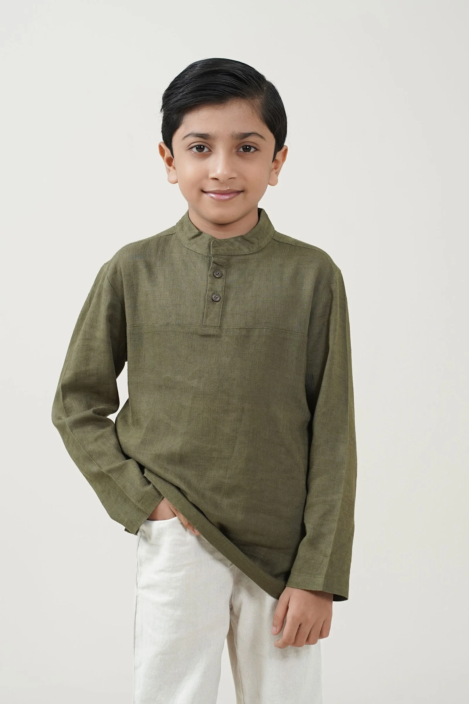 Kids Olive Green Cotton-Linen Mandarin Collar Full Sleeve Casual Fotua OLIVE gallery image
