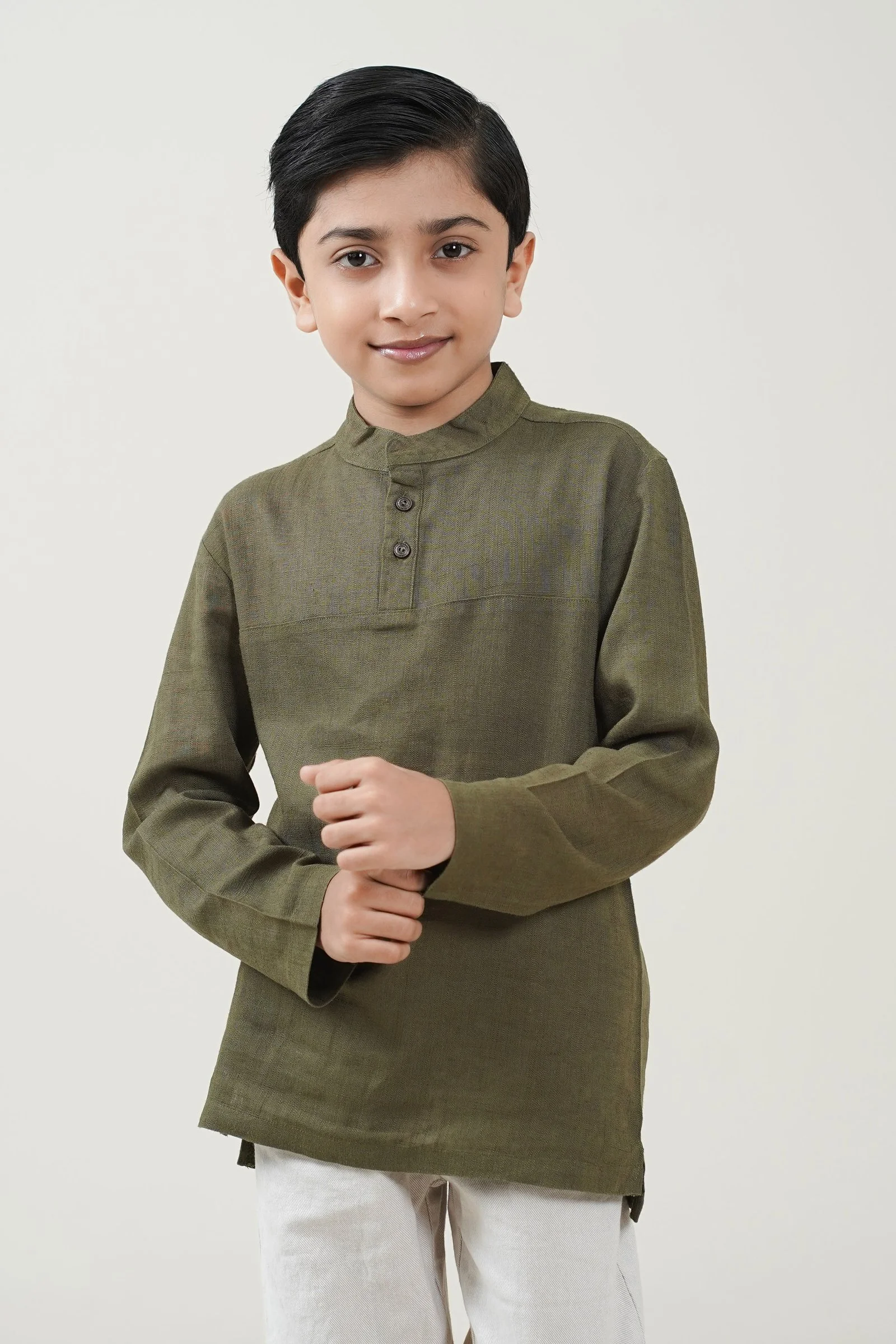 Kids Olive Green Cotton-Linen Mandarin Collar Full Sleeve Casual Fotua