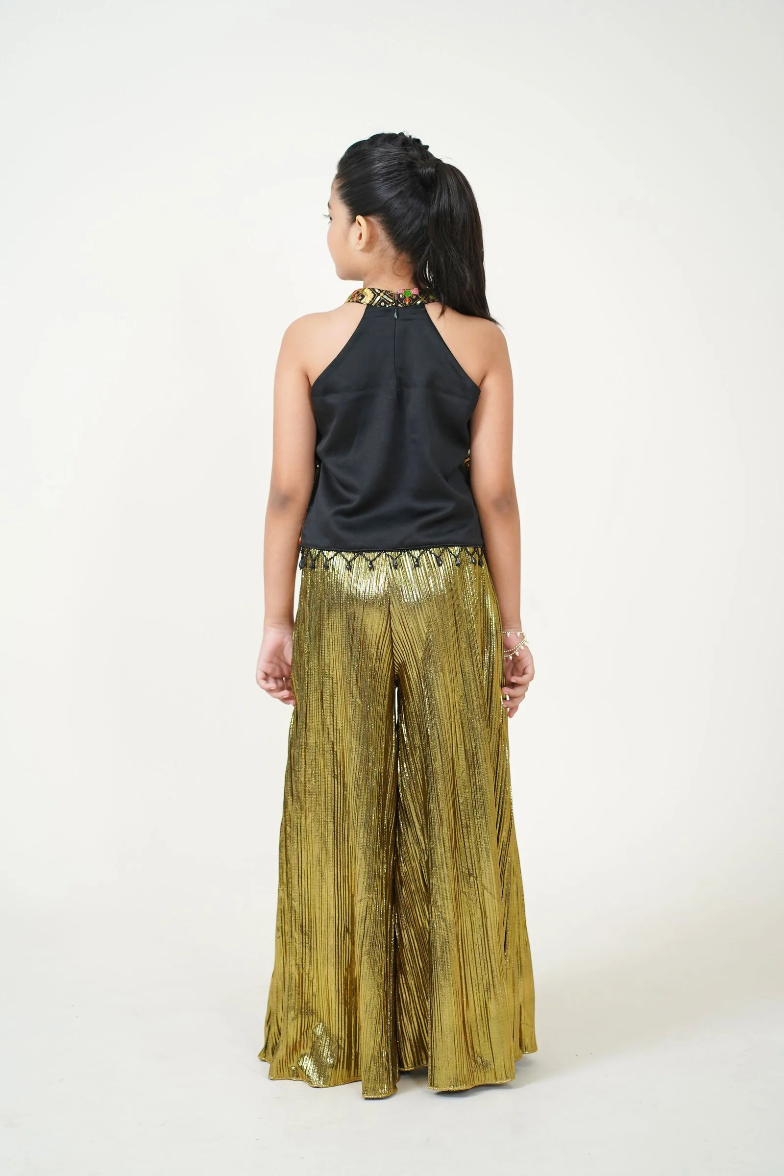 Girls Ethnic Embroidered Halter Top with Metallic Pleated Wide Leg Pants Party Set OLIVE gallery image
