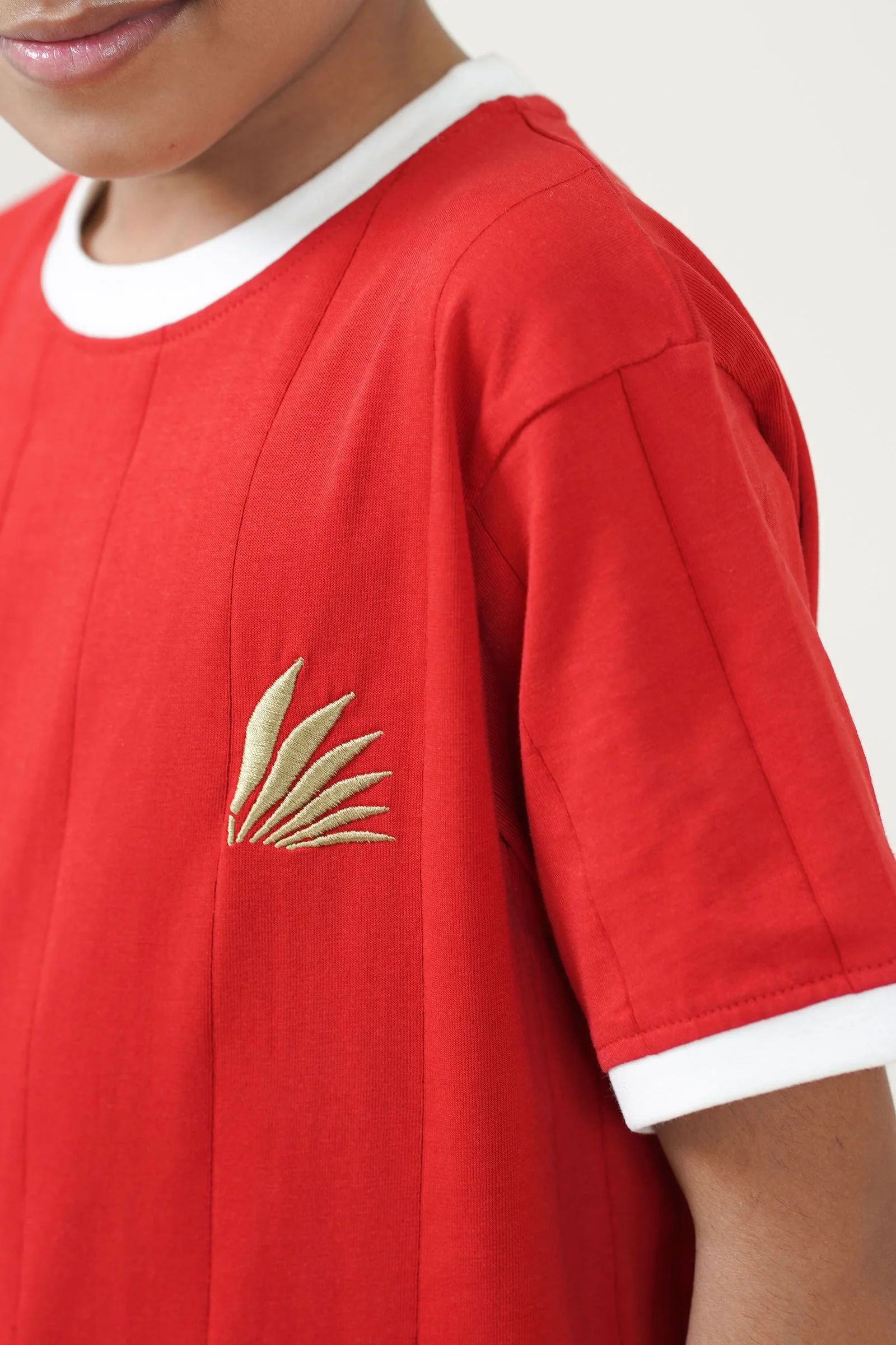 AMRISS Kids Drop Needle Round Neck T-Shirt with Embroidered Logo Red gallery image