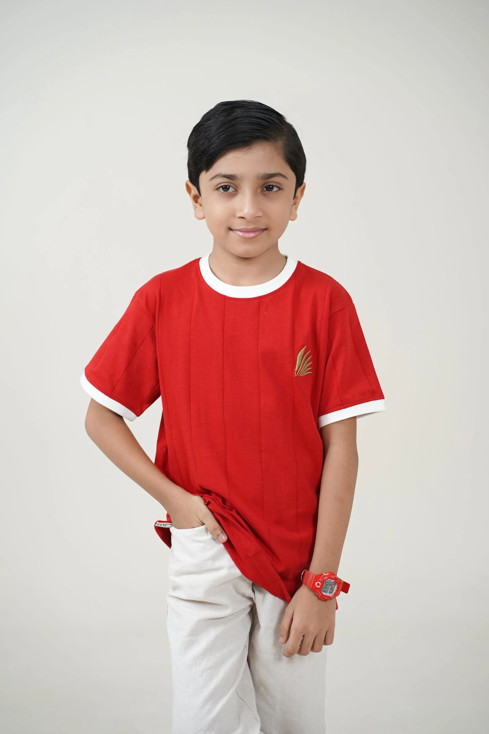 AMRISS Kids Drop Needle Round Neck T-Shirt with Embroidered Logo